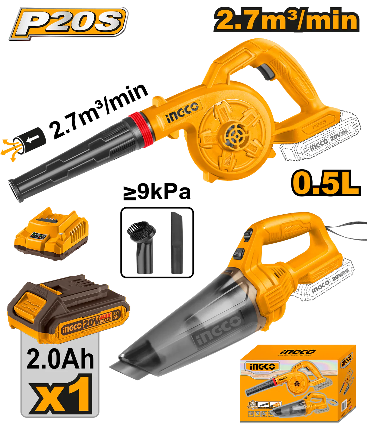 Kit aspirateur souffleur sans fil INGCO 20V — 690dh — outillagemaroc.com