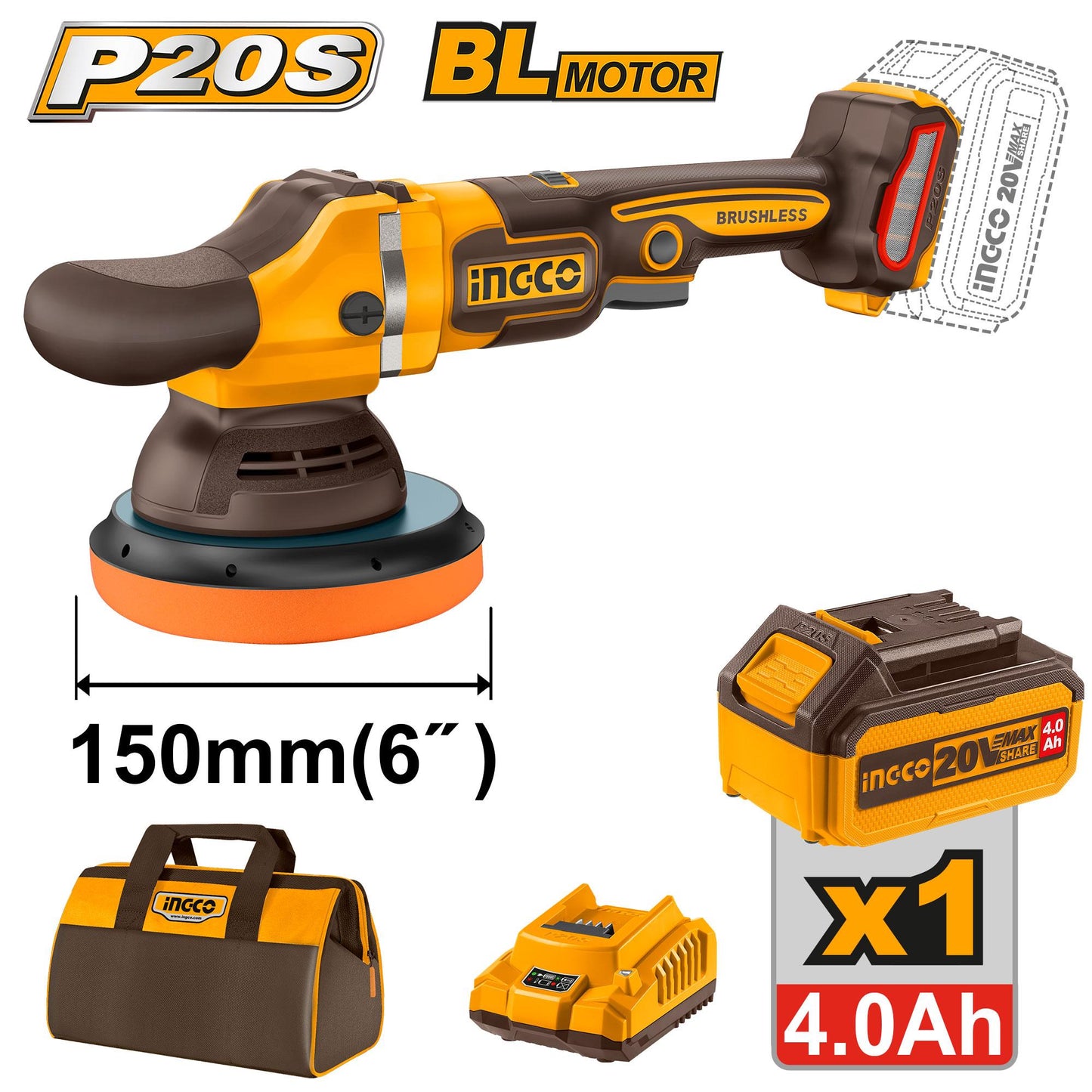 APLI20151 - INGCO POLISSEUSE SANS FIL 20V 150MM 1BATTERIE 4.0AH+CHARGEUR AU MAROC [APLI20151] — ponceuse INGCO — Maroc —