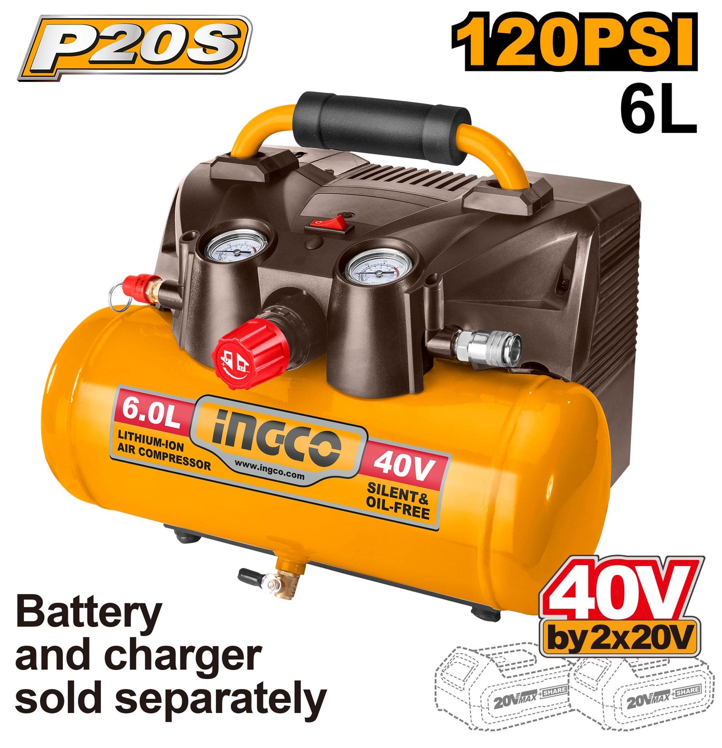CACLI2003 - INGCO COMPRESSEUR SANS FIL BATTERIE 6L BATTERIE ET CHARGEUR NON INCLUS AU MAROC [CACLI2003] — batterie INGCO — Maroc —