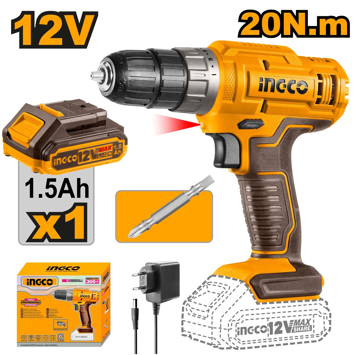 CDLI1218 - Perceuse sans fil Lithium-ion 12V avec 1 batterie 12V 1,5 Ah CDLI1218 — perceuse visseuse INGCO — Maroc —