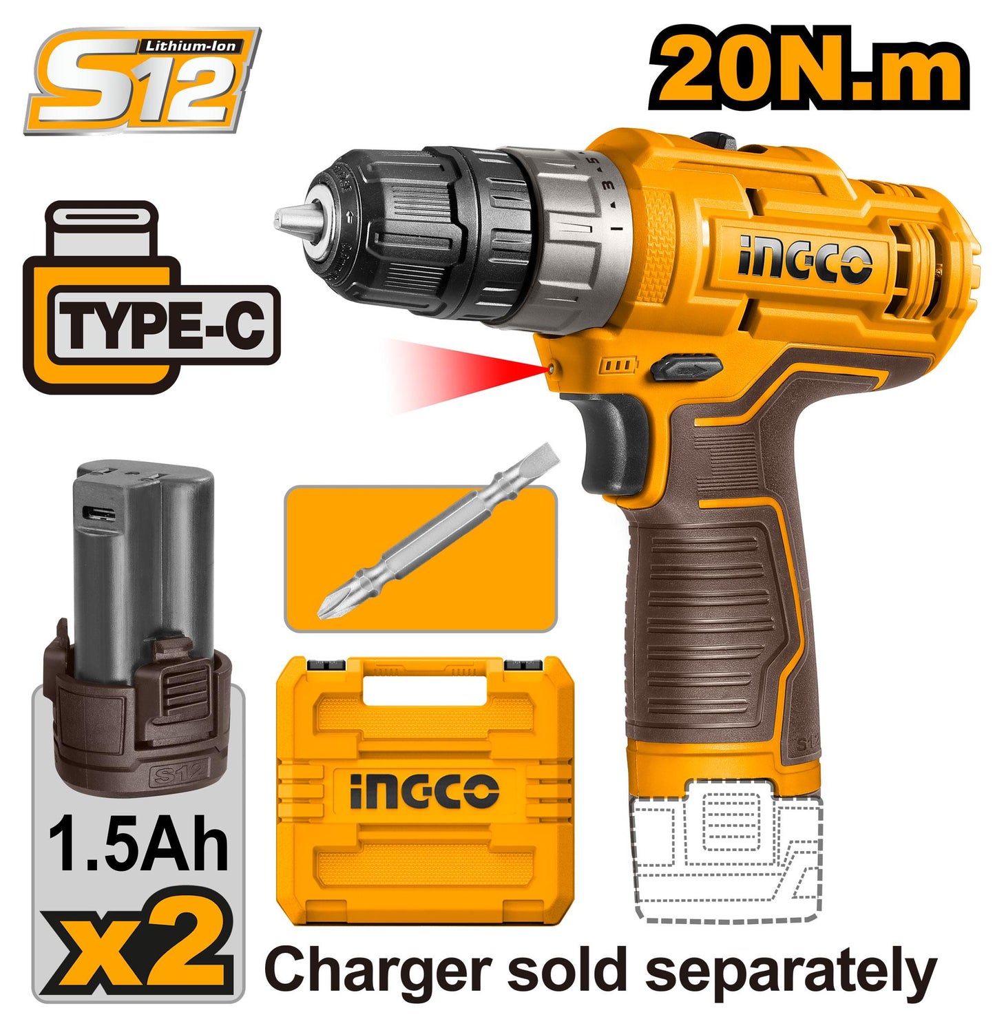 CDLI12202 - INGCO MALETTE VISSEUSE SANS FIL 12V 2 BATTERIES 20NM NR AU MAROC [CDLI12202] — perceuse visseuse INGCO — Maroc —