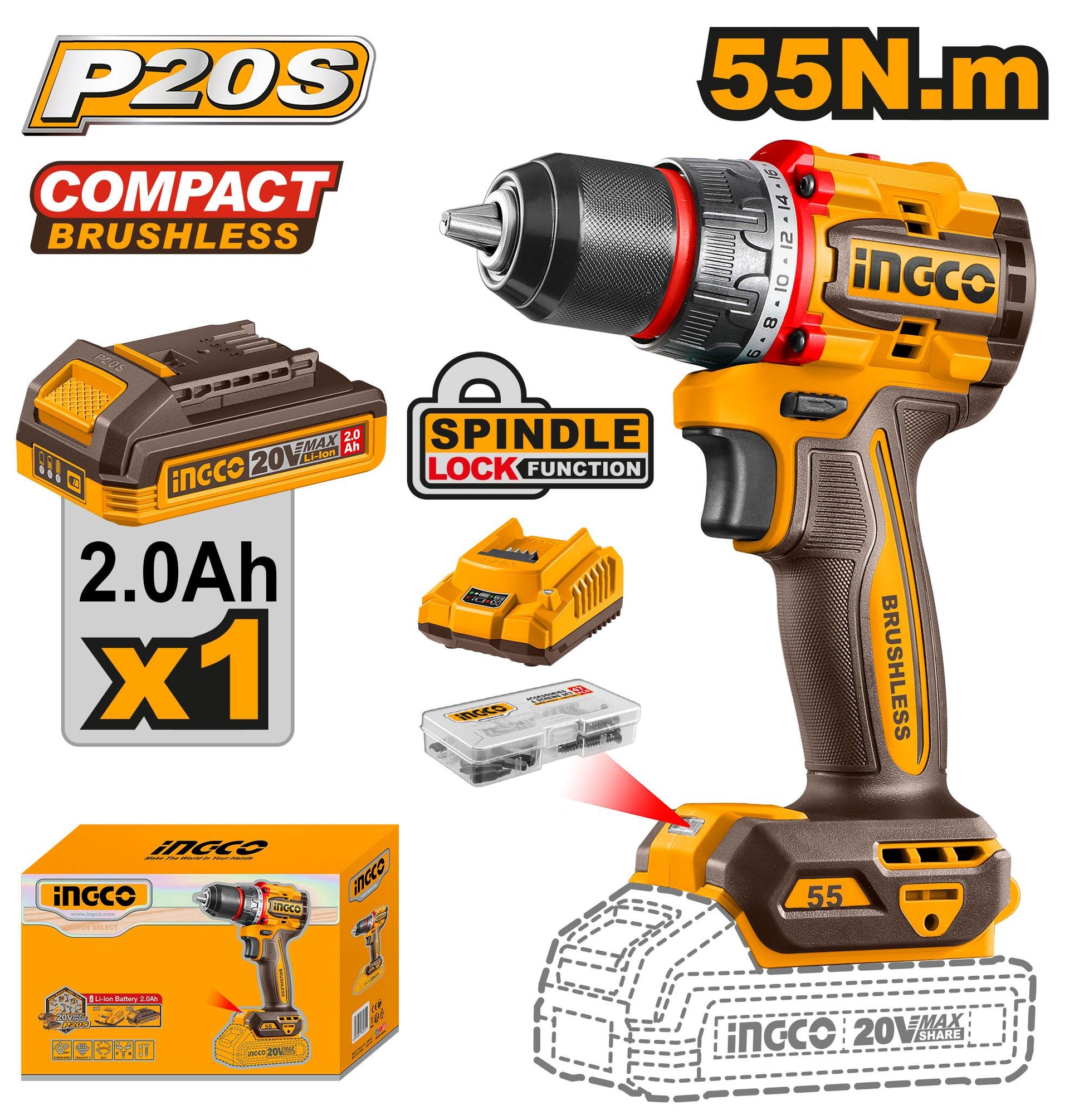 CDLI205582 - INGCO VISSEUSE BRUSHLESS 20V 1bat 55NM AU MAROC [CDLI205582] — perceuse visseuse INGCO — Maroc —
