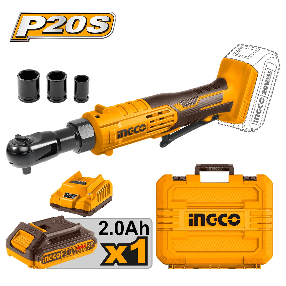 CDRLI2060152 - INGCO CLE A CLIQUET A BATTERIE 20V, 65 NM, 3/8 [CDRLI2060152] — batterie INGCO — Maroc — — vue principale