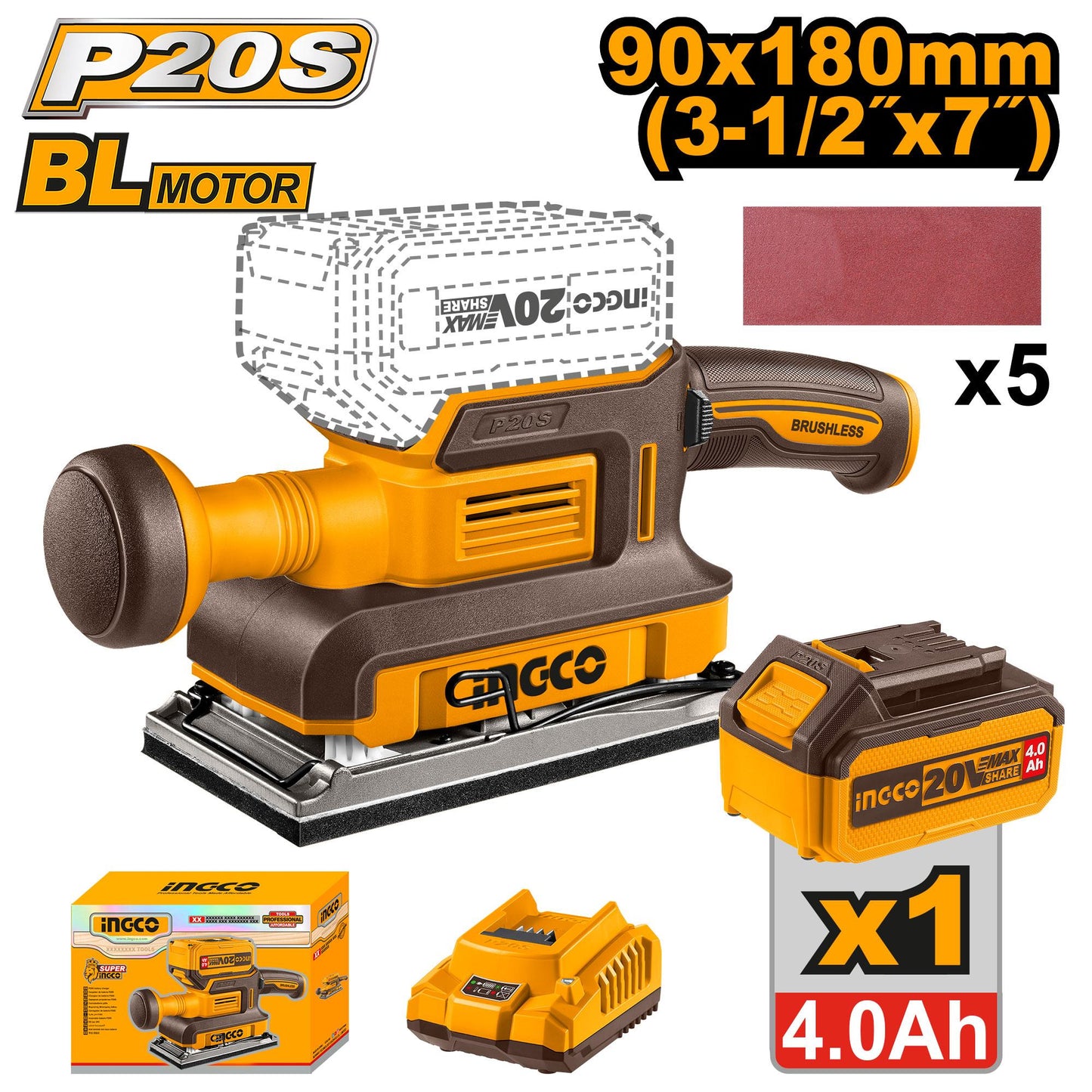 CFSLI20311 - INGCO PONCEUSE VIBRANTE BRUSHLESS 20V 90X180MM 1BATTERIE+CHARGEUR AU MAROC [CFSLI20311] — ponceuse INGCO — Maroc —