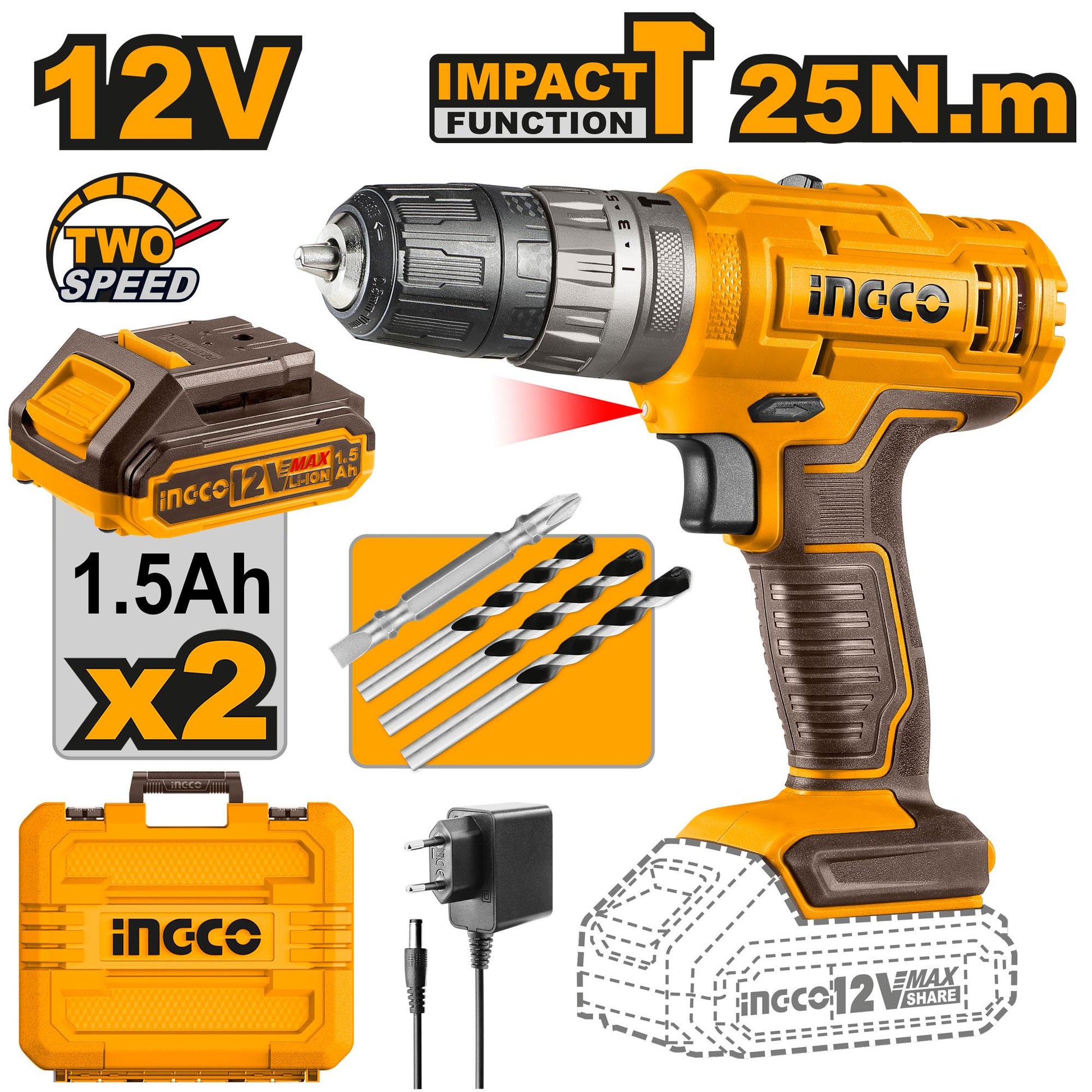 CIDLI1228 - INGCO PERCEUSE VISSEUSE 12V 2 BATTERIES PLATES AU MAROC [CIDLI1228] — perceuse visseuse INGCO — Maroc —