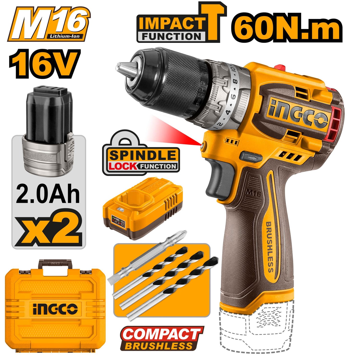 CIDLI16682 - Perceuse à percussion sans fil 16V/M16 Lithium-Ion Compact Brushless CIDLI16682 — perceuse visseuse INGCO — Maroc —