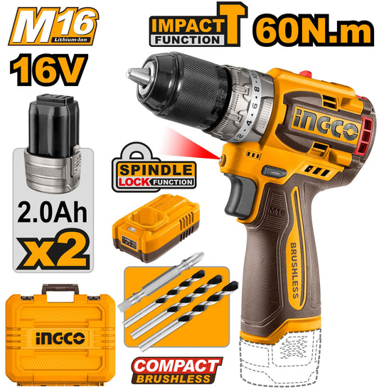 CIDLI16682 - Perceuse à percussion sans fil 16V/M16 Lithium-Ion Compact Brushless CIDLI16682 — perceuse visseuse INGCO — Maroc —