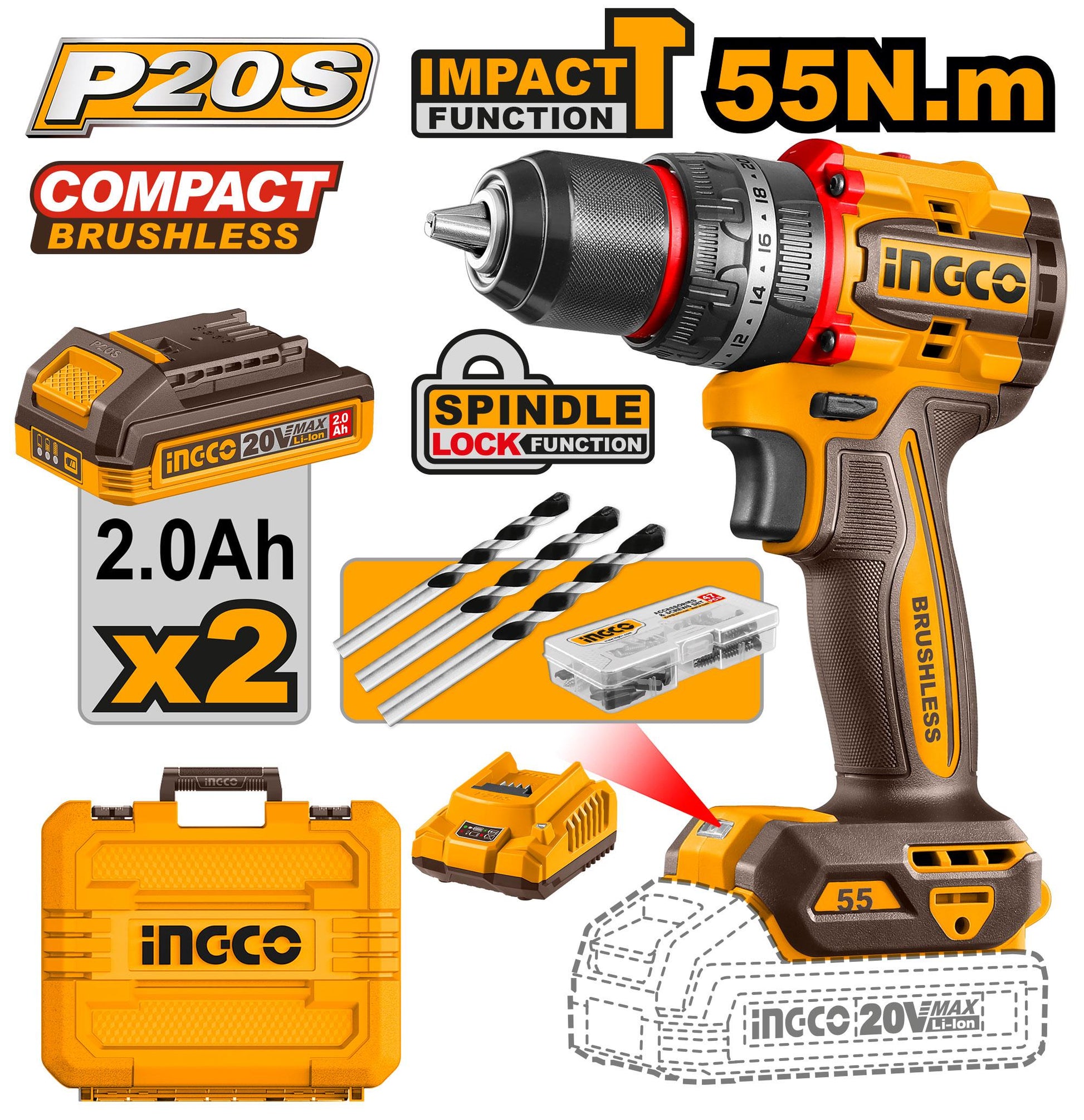 CIDLI20558 - INGCO PERCEUSE VISSEUSE BRUSHLESS 20V+47 ACC 55NM- AU MAROC [CIDLI20558] — perceuse visseuse INGCO — Maroc —