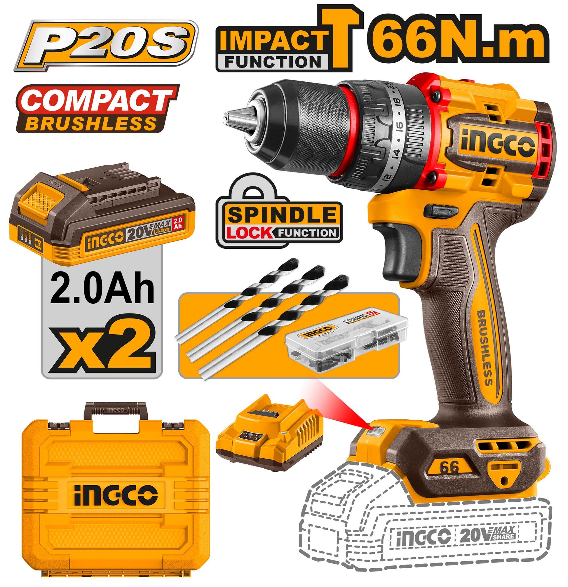 CIDLI20668 - INGCO PERCEUSE VISSEUSE 20V 66NM 2 BATT BRUSHLESS AU MAROC [CIDLI20668] — perceuse visseuse INGCO — Maroc —