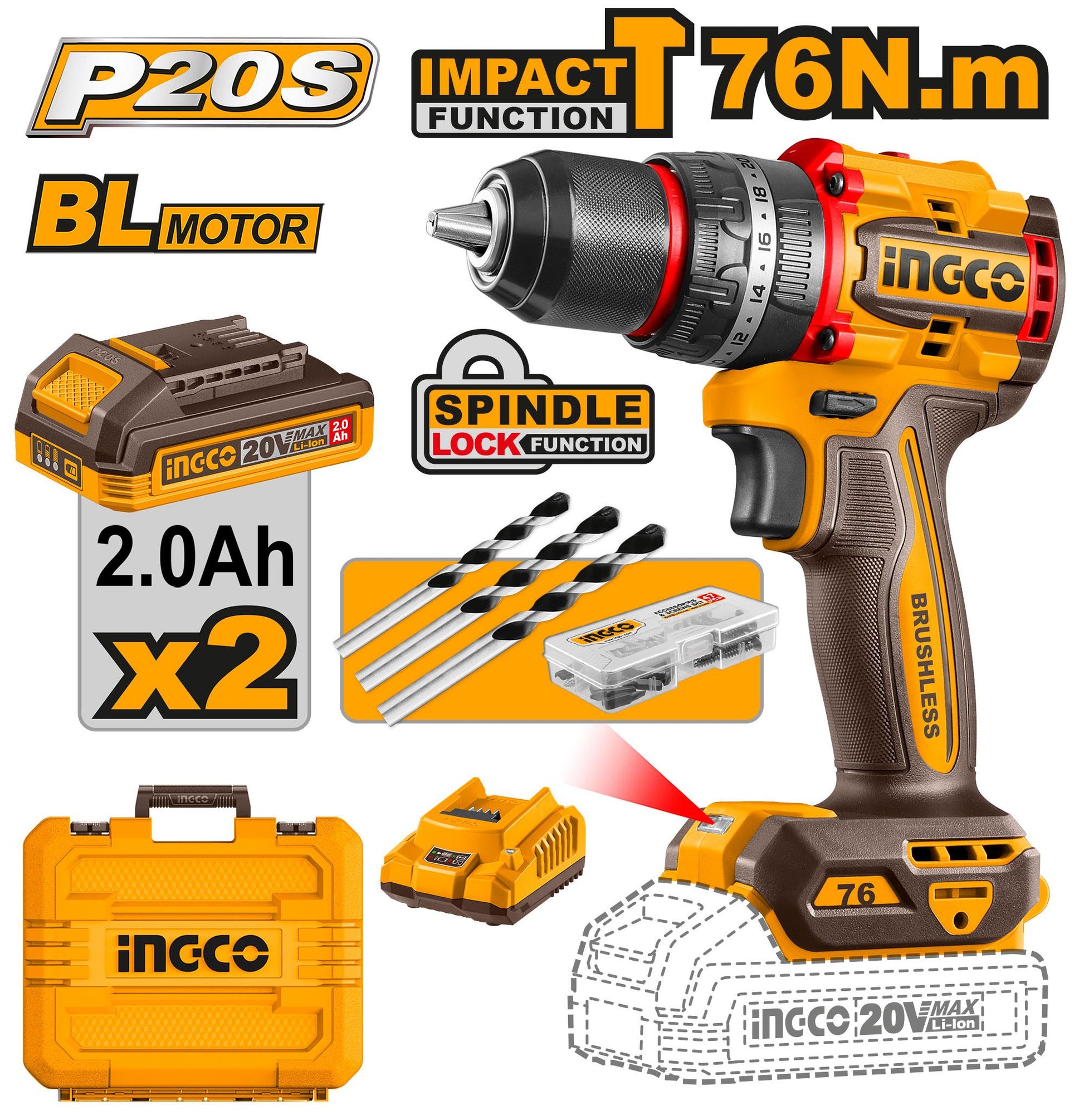 CIDLI20768 - INGCO PERCEUSE VISSEUSE 20V 76NM 2 BATT BRUSHLESS AU MAROC [CIDLI20768] — perceuse visseuse INGCO — Maroc —