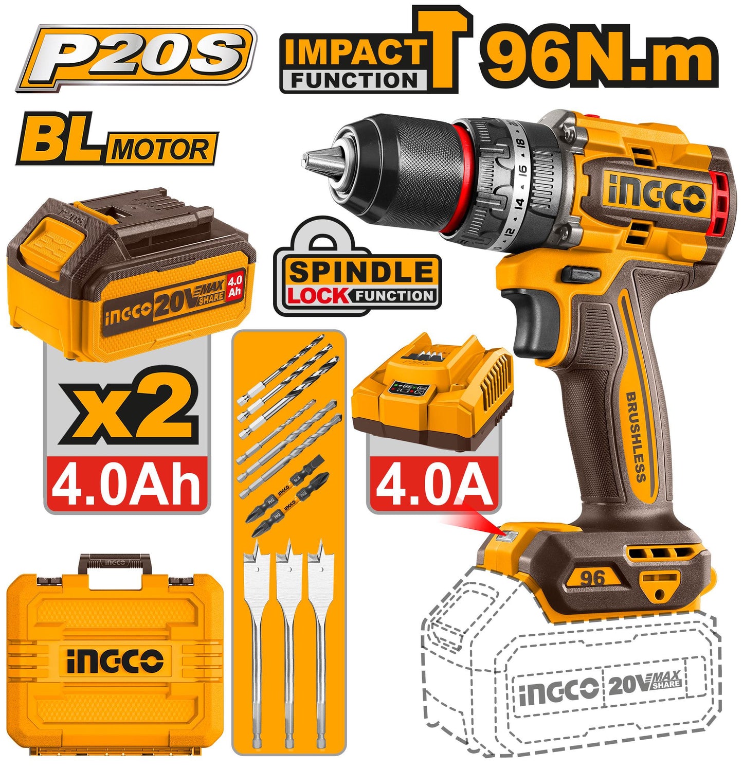 CIDLI20968 - INGCO PERCEUSE-VISSEUSE BRUSHLESS 96NM BALAIS AU MAROC [CIDLI20968] — perceuse visseuse INGCO — Maroc —
