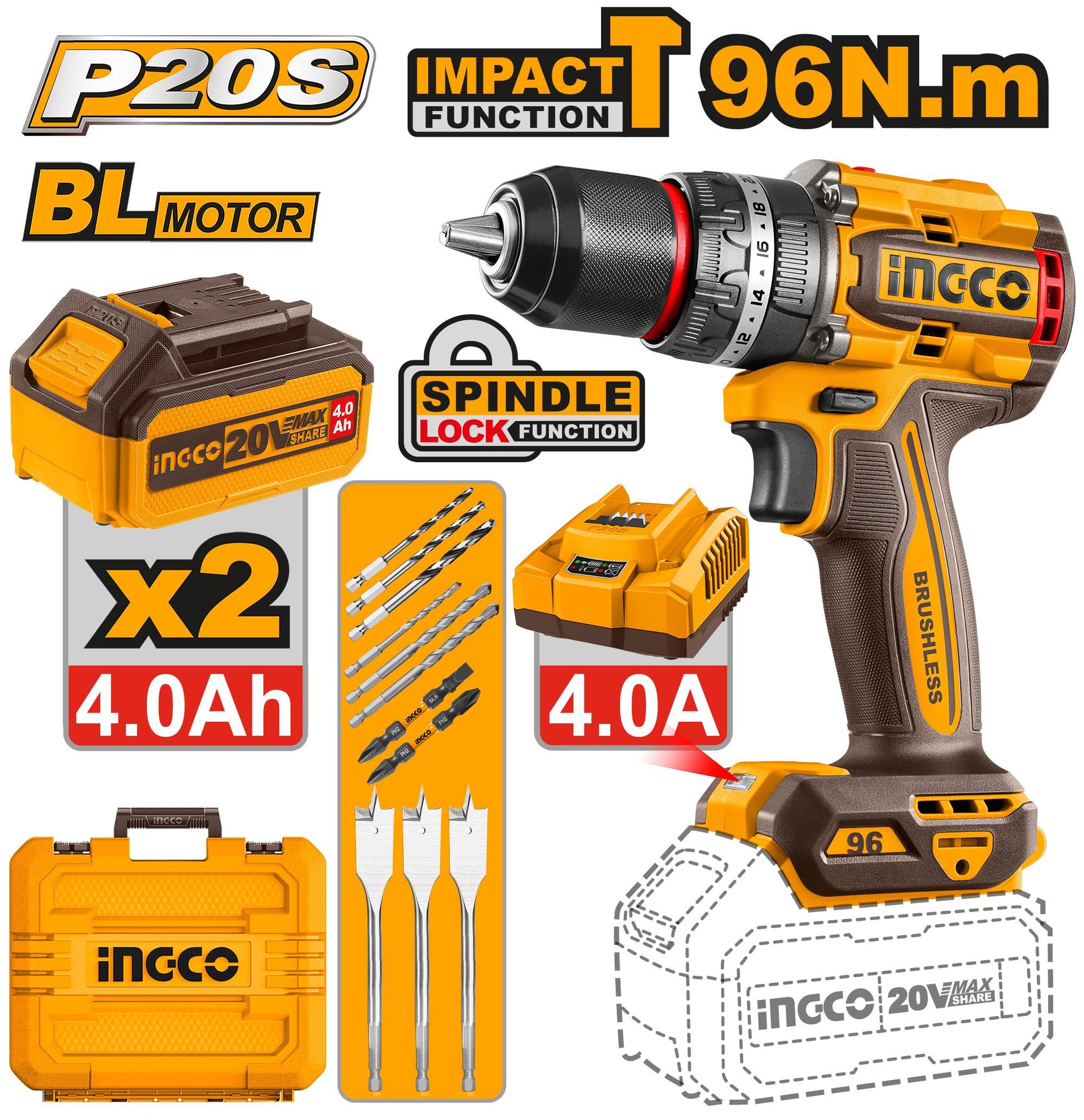 CIDLI20968 - INGCO PERCEUSE-VISSEUSE BRUSHLESS 96NM BALAIS AU MAROC [CIDLI20968] — perceuse visseuse INGCO — Maroc —