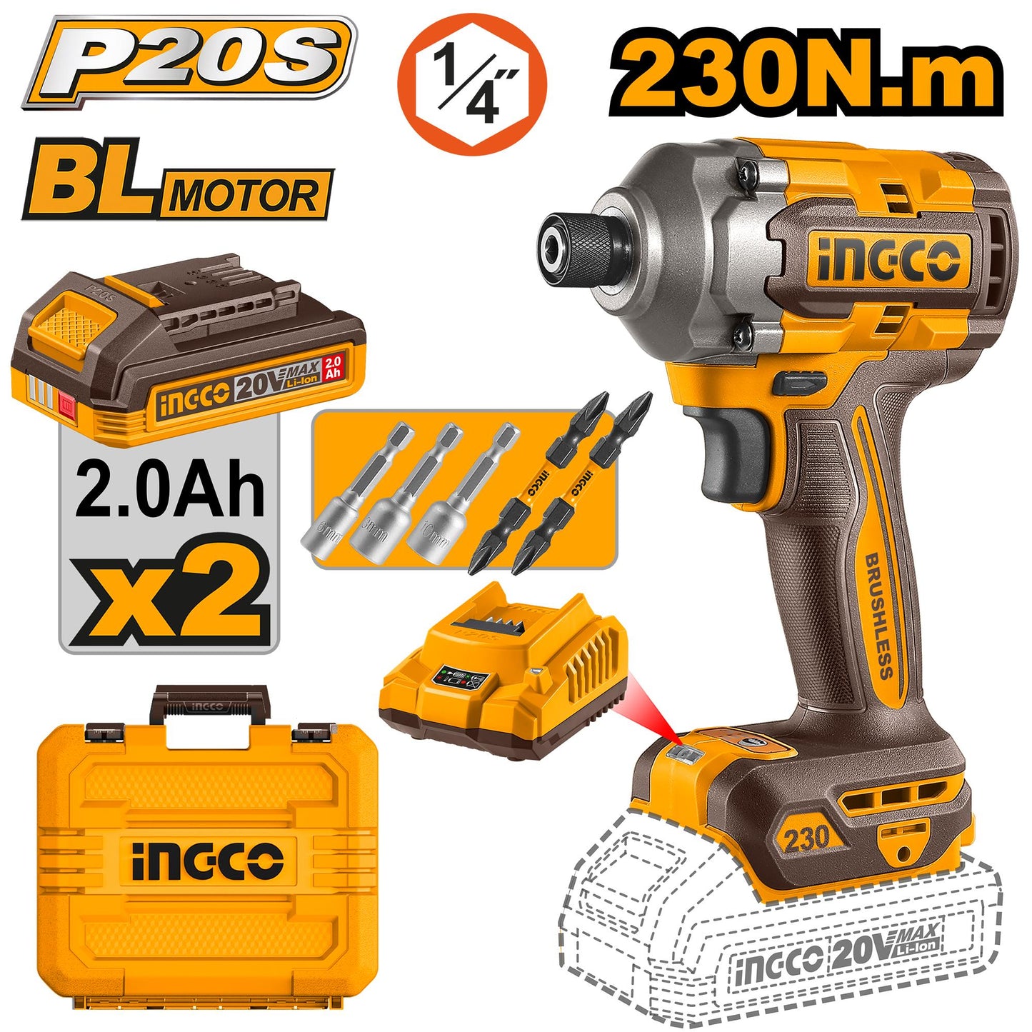 CIRLI2023 - INGCO VISSEUSE A CHOC 20V 230N/M NR - AU MAROC [CIRLI2023] — perceuse visseuse INGCO — Maroc —