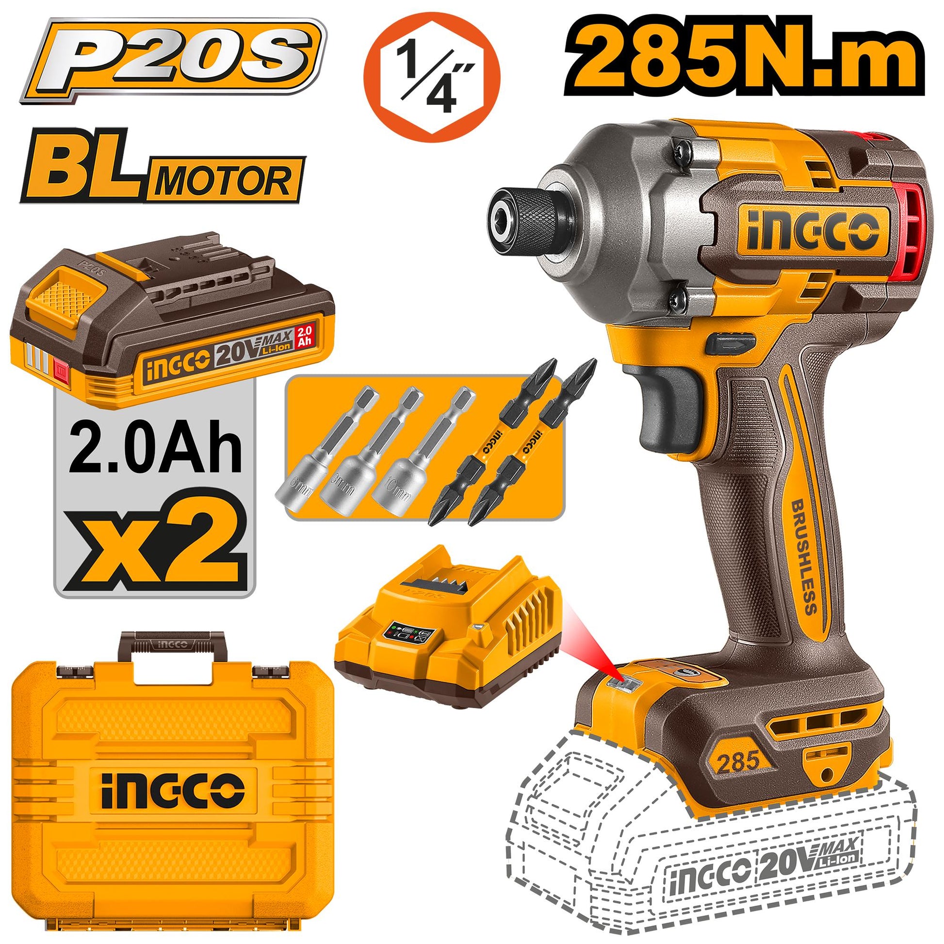 CIRLI2028 - INGCO VISSEUSE A CHOC 20V 285N.M BRUSHLESS AU MAROC [CIRLI2028] — perceuse visseuse INGCO — Maroc —