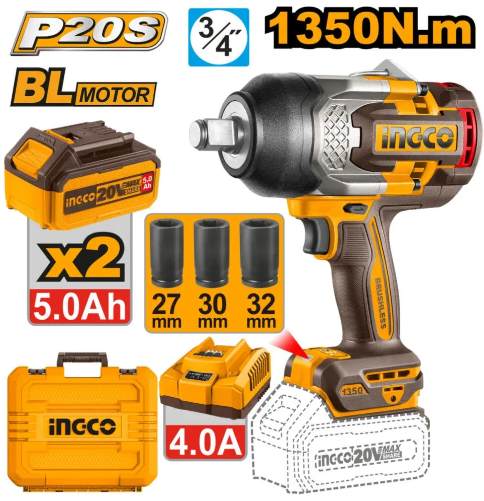 CIWLI20135 - INGCO BOULONNEUSE BRUSHLESS 3/4 20V 1350N.M INGCO 5AH AU MAROC [CIWLI20135] — outil INGCO — Maroc —