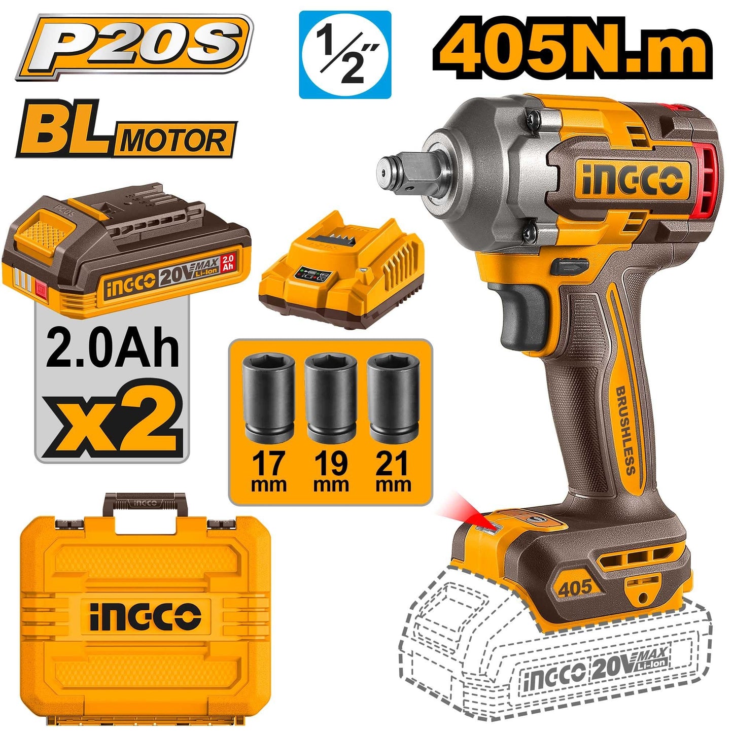 CIWLI2045 - INGCO BOULONNEUSE 20V 405N.M + 2BATT AU MAROC [CIWLI2045] — outil INGCO — Maroc —