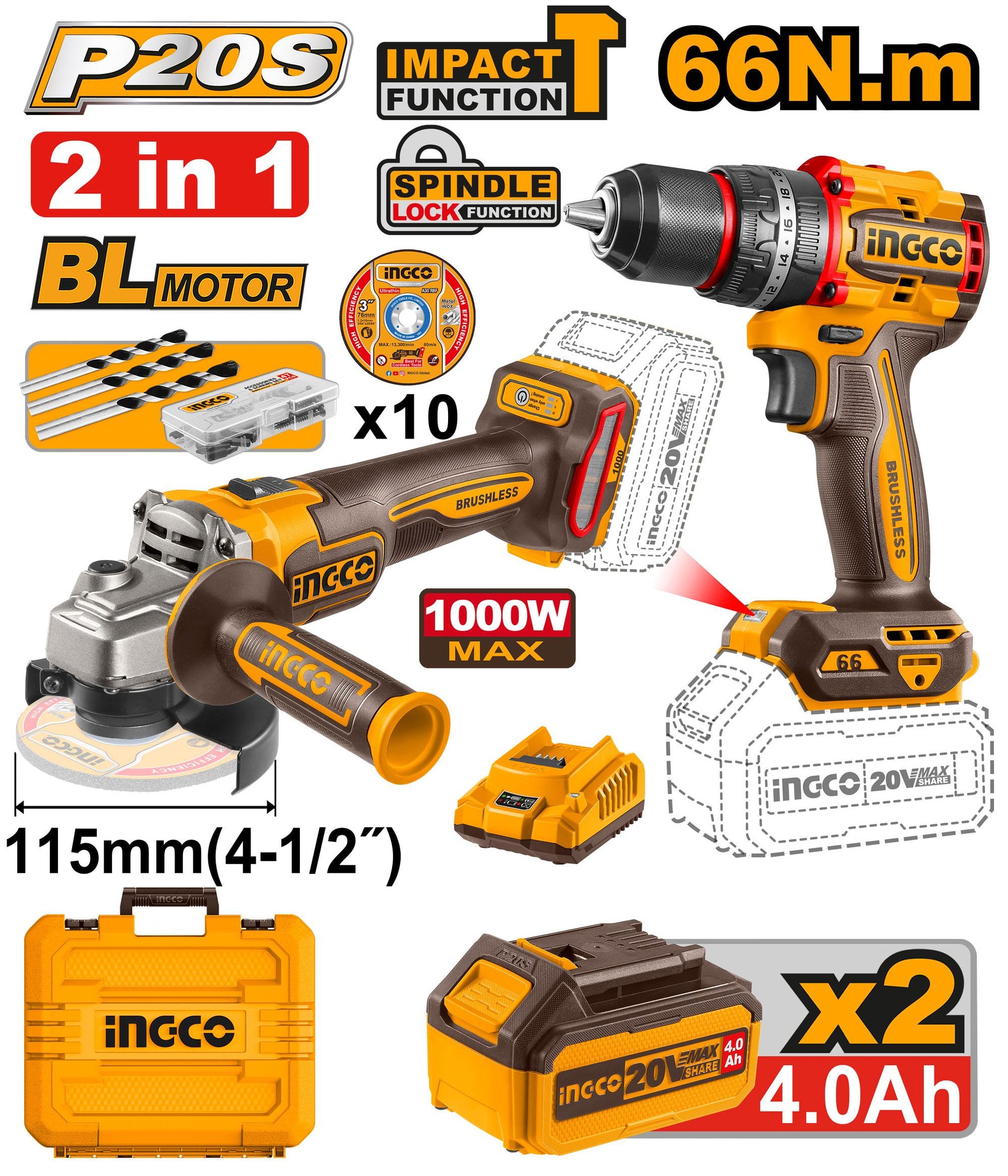 CKLI20273 - INGCO PACK 2 MACHINES MEULEUSE+VISSEUSE 66NM 20V 2X4AH AU MAROC [CKLI20273] — perceuse visseuse INGCO — Maroc —