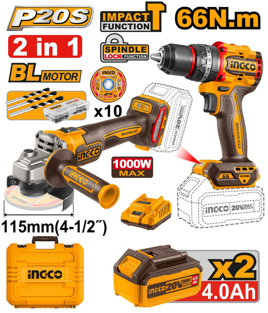 CKLI20273 - INGCO PACK 2 MACHINES MEULEUSE+VISSEUSE 66NM 20V 2X4AH AU MAROC [CKLI20273] — perceuse visseuse INGCO — Maroc —