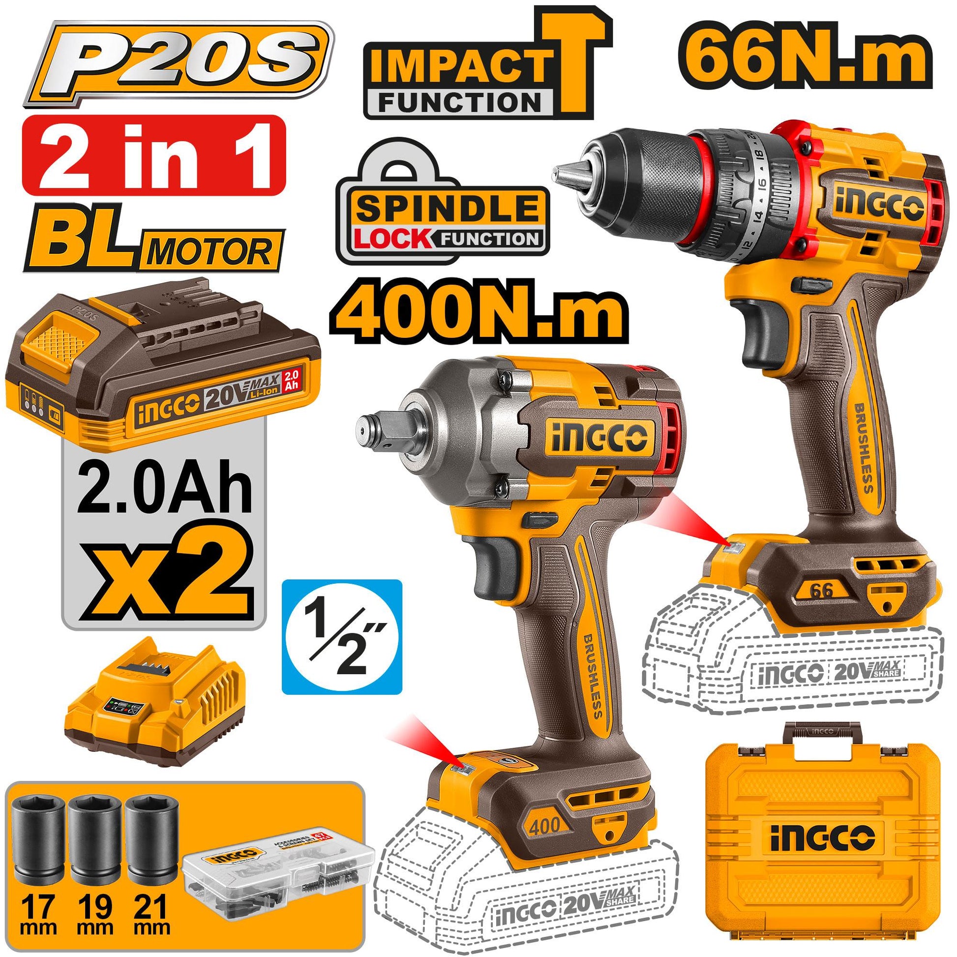 CKLI20275 - INGCO PACK 2 MACHINES VISSEUSE BRUSHLESS 66NM + BOULONNEUSE 20V AU MAROC [CKLI20275] — perceuse visseuse INGCO — Maroc —