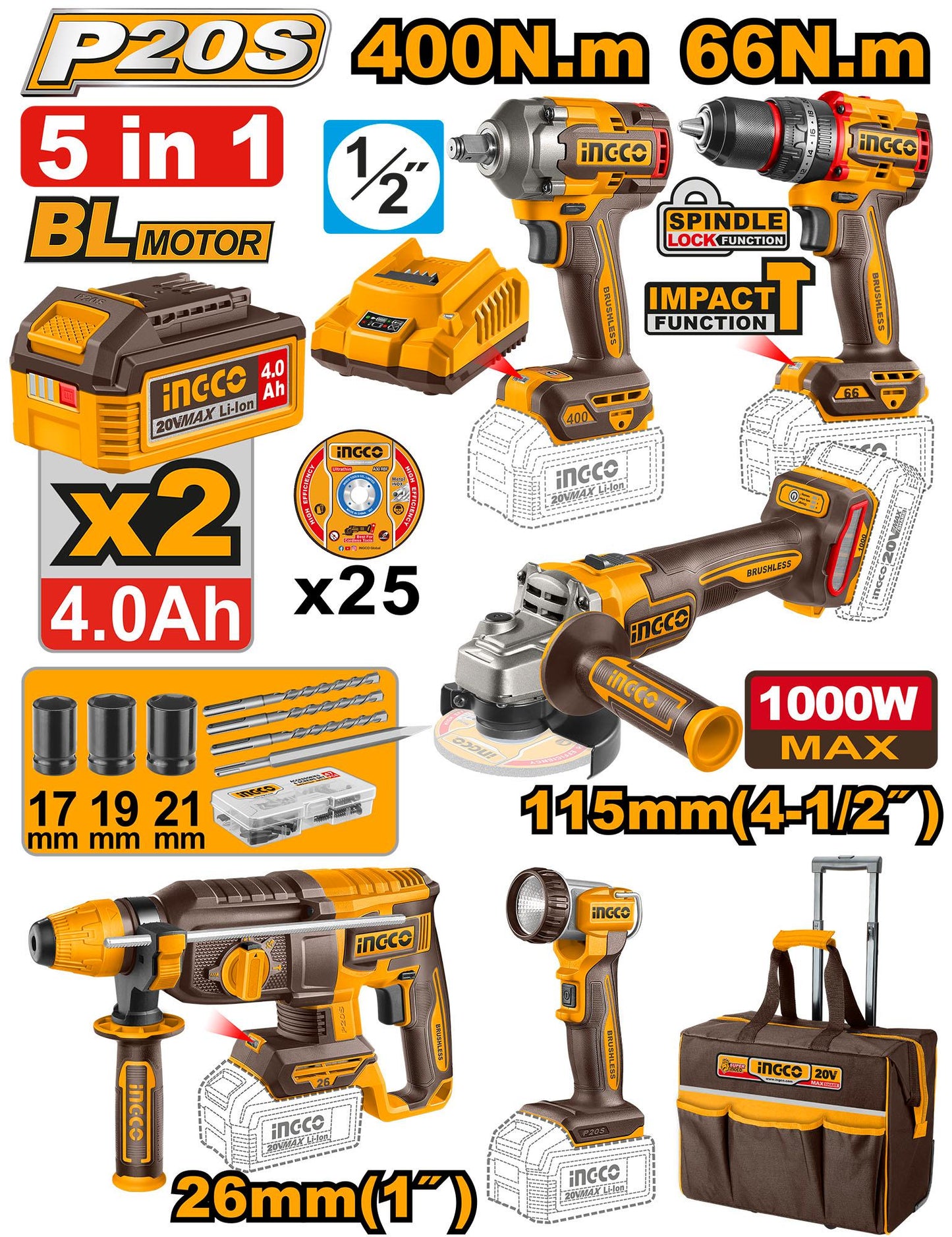 CKLI2059 - PACK VALISE DE 5 MACHINES 20V AU MAROC [CKLI2059] — outil INGCO — Maroc —