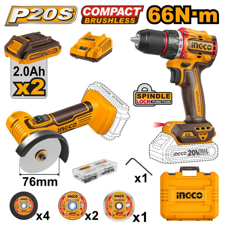 CKLI20766 - INGCO PACK 2 MACHINES VISSEUSE BRUSHLESS 20V 66NM+ MINI MEULEUSE 76MM INGCO AU MAROC [CKLI20766] — perceuse visseuse INGCO — Maroc —