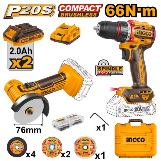 CKLI20766 - INGCO PACK 2 MACHINES VISSEUSE BRUSHLESS 20V 66NM+ MINI MEULEUSE 76MM INGCO AU MAROC [CKLI20766] — perceuse visseuse INGCO — Maroc —