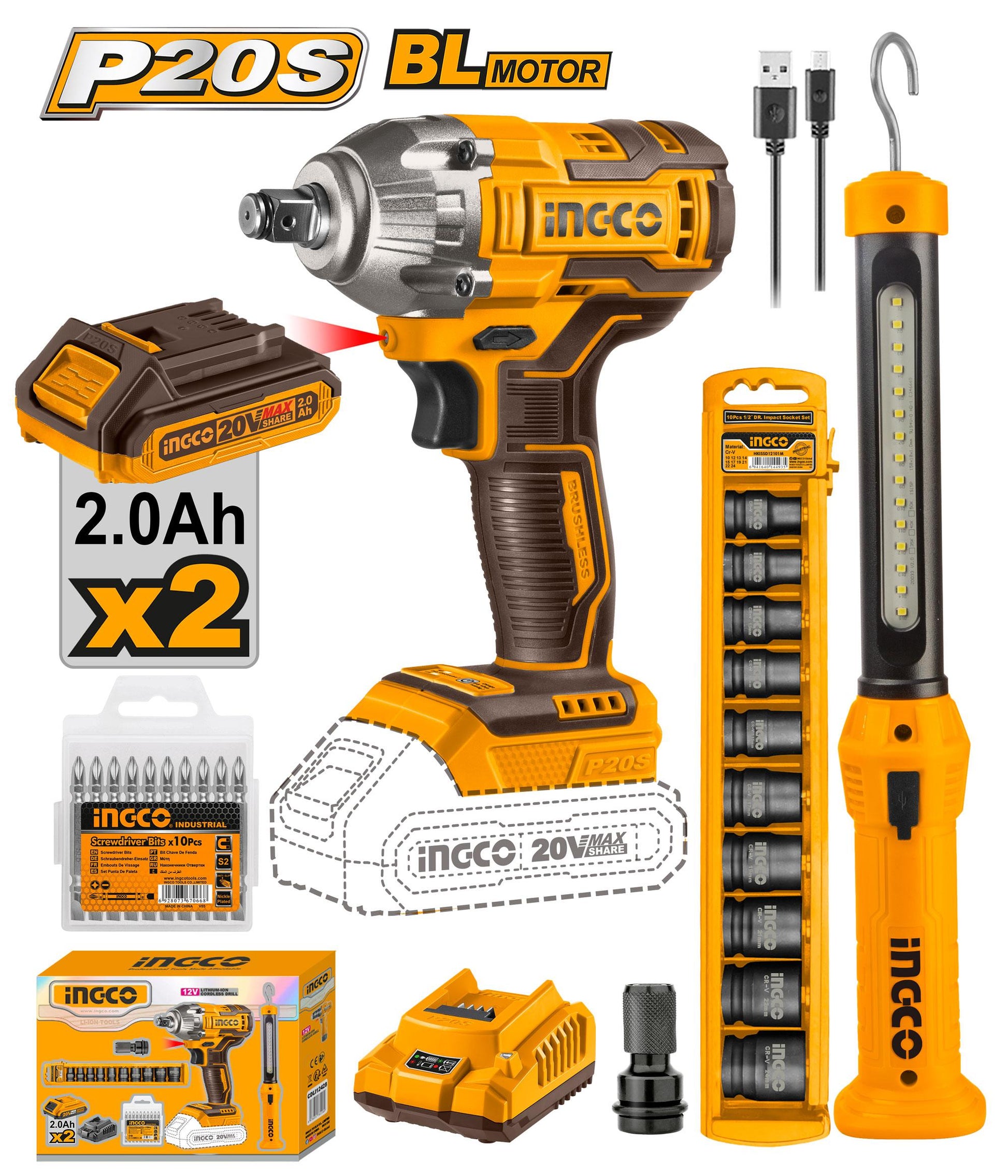 COSLI23011 - INGCO PACK BOULONNEUSE A CHOC 300NM SANS CHARBONS 20V AU MAROC [COSLI23011] — outil INGCO — Maroc —