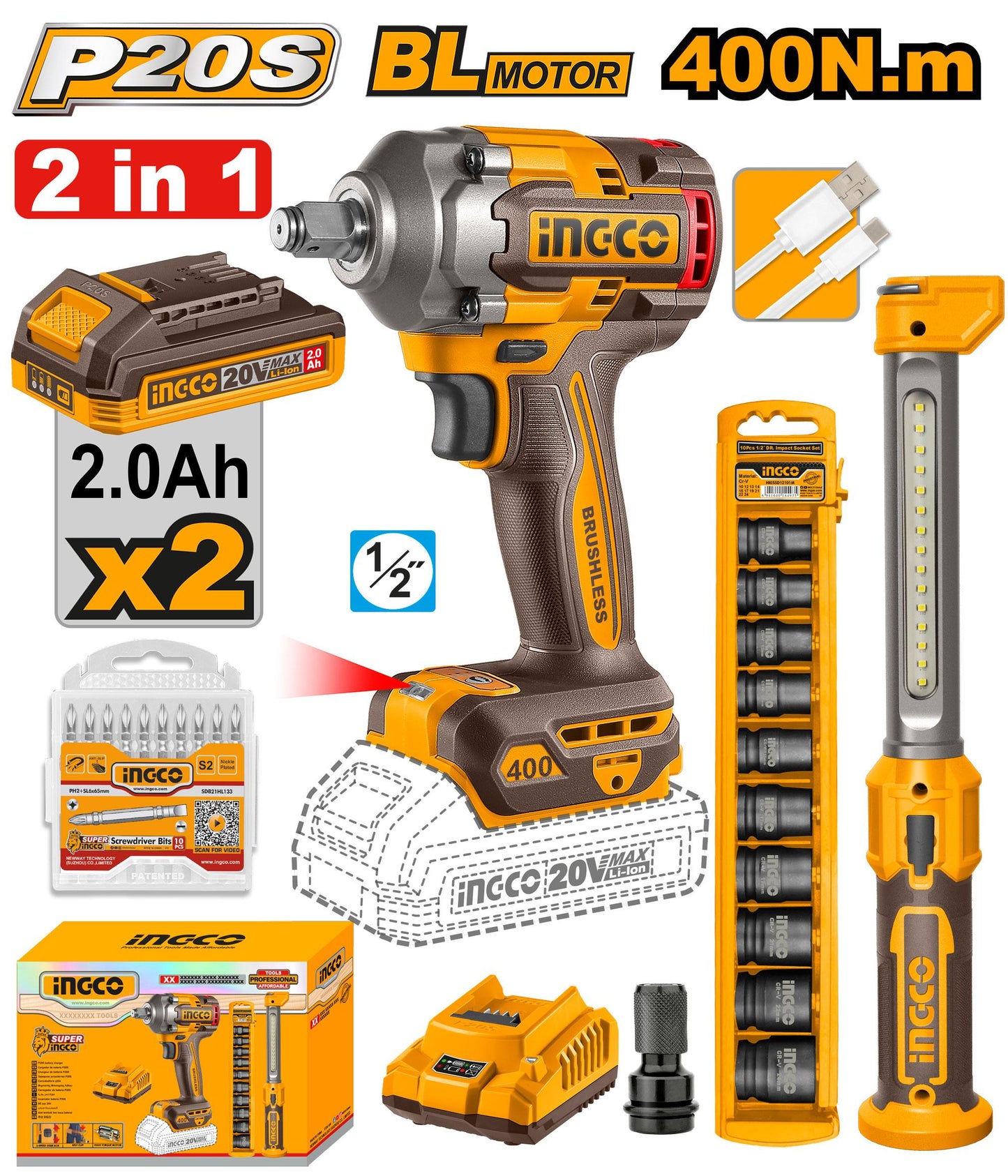 COSLI23048 - INGCO PACK BOULONNEUSE 400NM BRUSHLESS 20V+10 DOUILLES+BALADEUSE AU MAROC [COSLI23048] — clé douille INGCO — Maroc —