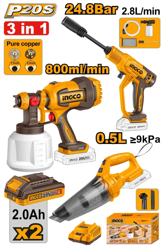 COSLI230522 - INGCO PACK 20V PIST A PEINTURE+ASPIRATEUR+NETTOYEUR AU MAROC [COSLI230522] — outil INGCO — Maroc —