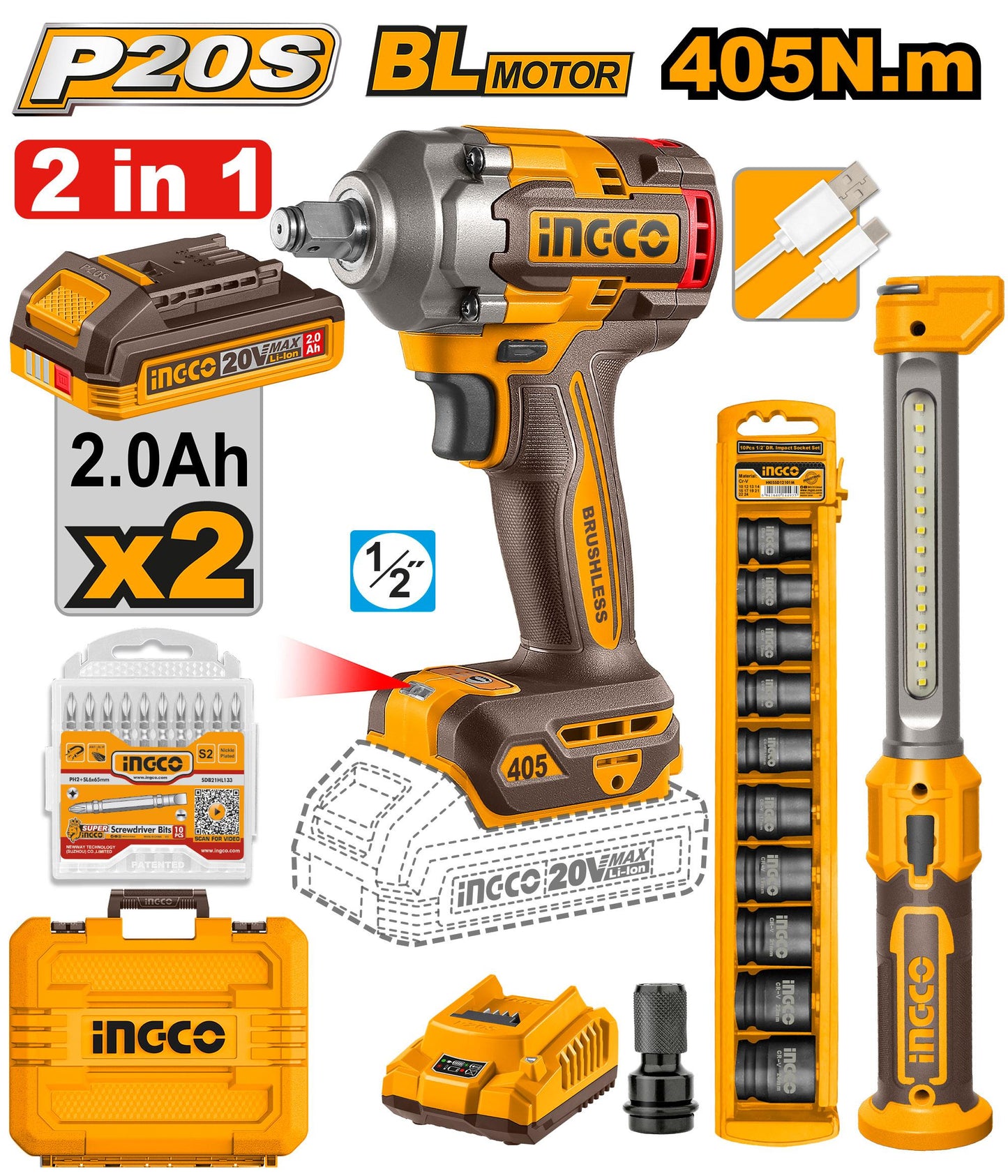 COSLI23056 - INGCO PACK COMBO BOULONNEUSE 405NM + DOUILLES + LAMPE DE TRAVAIL AU MAROC [COSLI23056] — clé douille INGCO — Maroc —