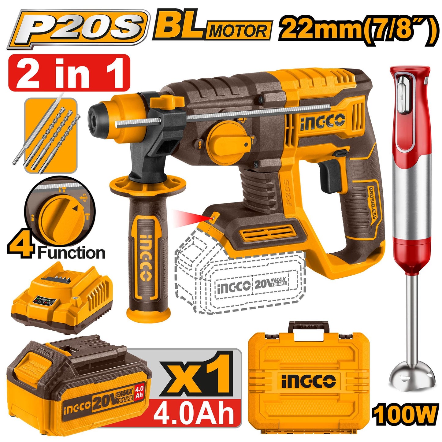 COSLI240208 - INGCO PACK MARTEAU PERFORATEUR 22MM 20V/MIXEUR PLONGEANT AU MAROC [COSLI240208] — perforateur INGCO — Maroc —
