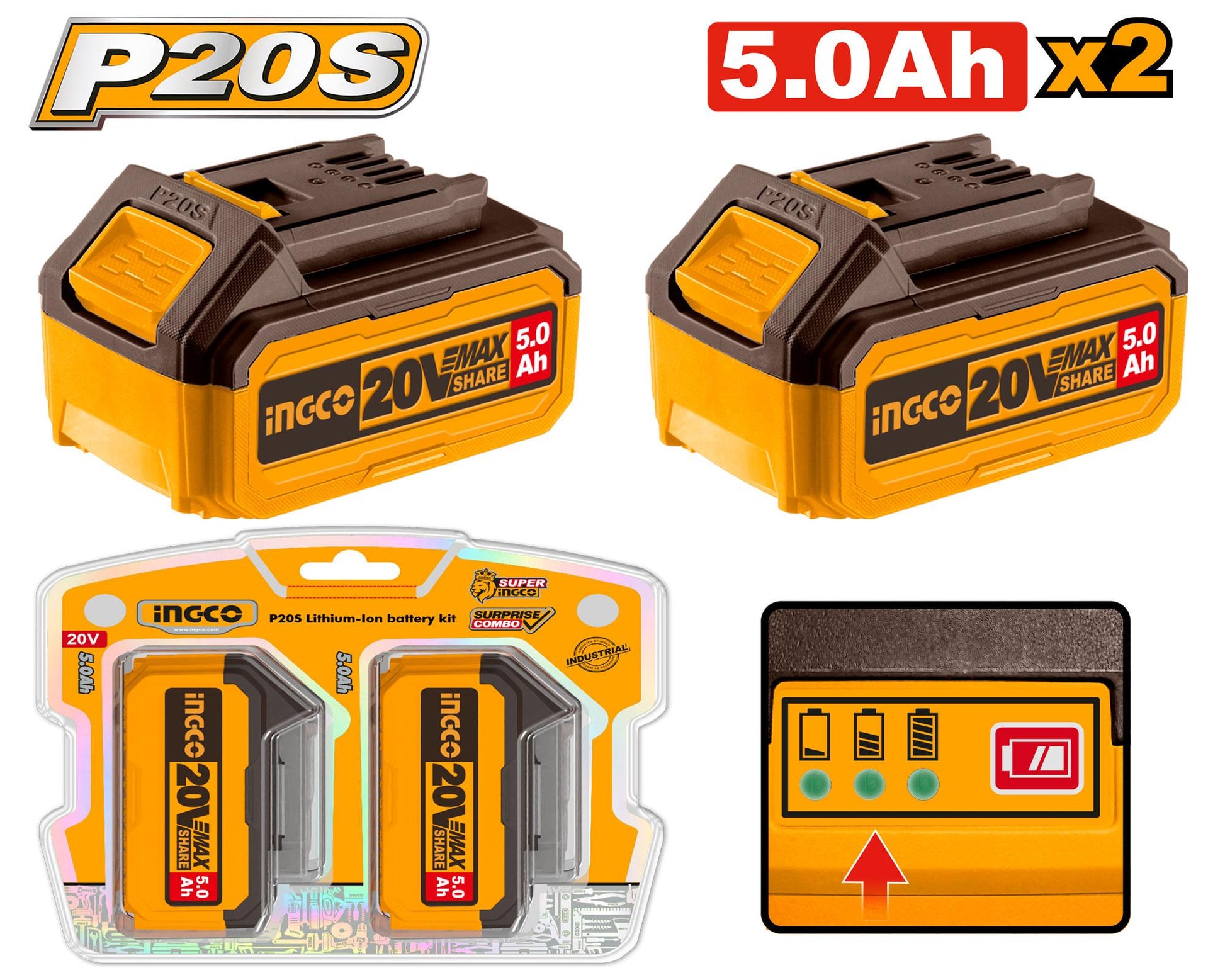 COSLI240464 - INGCO PACK 2 BATTERIE 20V 5AH AU MAROC [COSLI240464] — batterie INGCO — Maroc —