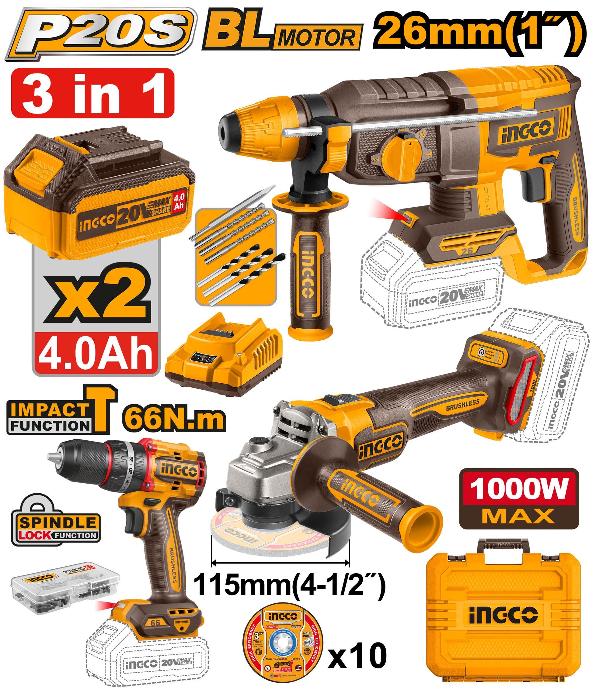 COSLI241198 - INGCO PACK PERFORATEUR+MEULEUSE+PERCEUSE 66NM BRUSHLESS AU MAROC [COSLI241198] — perceuse visseuse INGCO — Maroc —