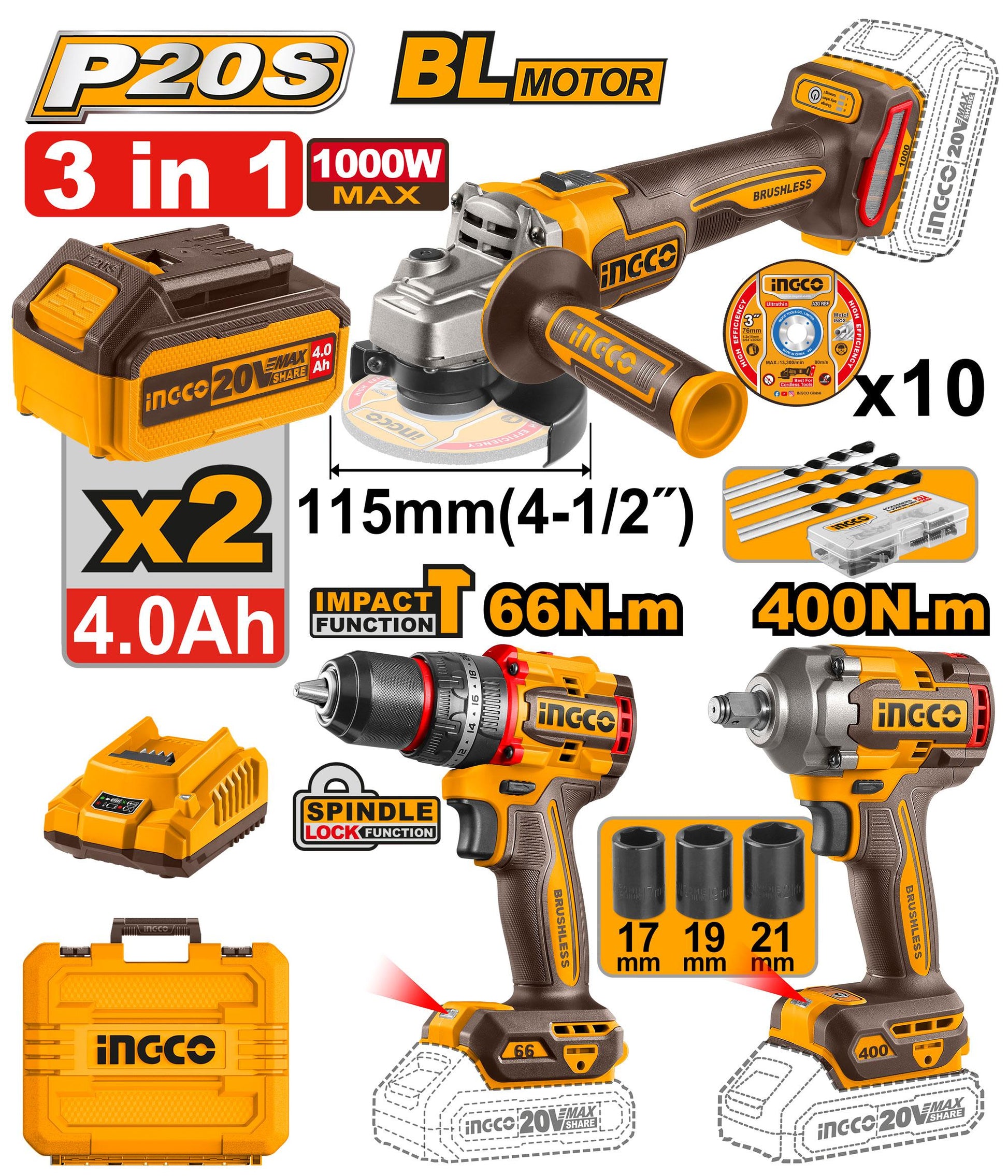 COSLI241291 - INGCO PACK PERCEUSE+MEULEUSE+BOULONNEUSE BRUSHLESS 20V AU MAROC [COSLI241291] — perceuse visseuse INGCO — Maroc —