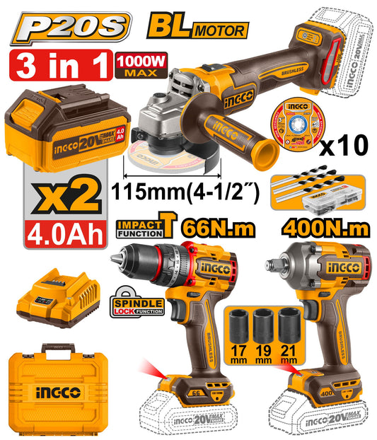 COSLI241291 - INGCO PACK PERCEUSE+MEULEUSE+BOULONNEUSE BRUSHLESS 20V AU MAROC [COSLI241291] — perceuse visseuse INGCO — Maroc —