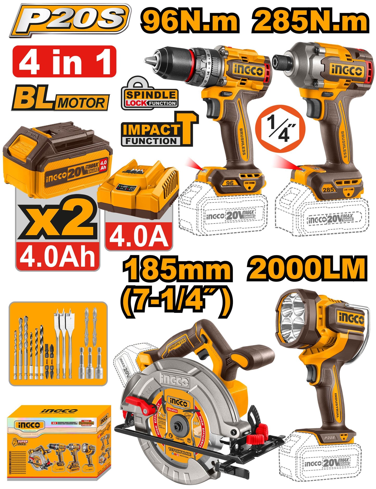 COSLI241297 - INGCO PACK 4 MACHINES VISSEUSE 96NM+BOULONNEUSE 285NM+SCIE CIRCULAIRE 185MM+TORCHE AU MAROC [COSLI241297] — perceuse visseuse INGCO — Maroc —