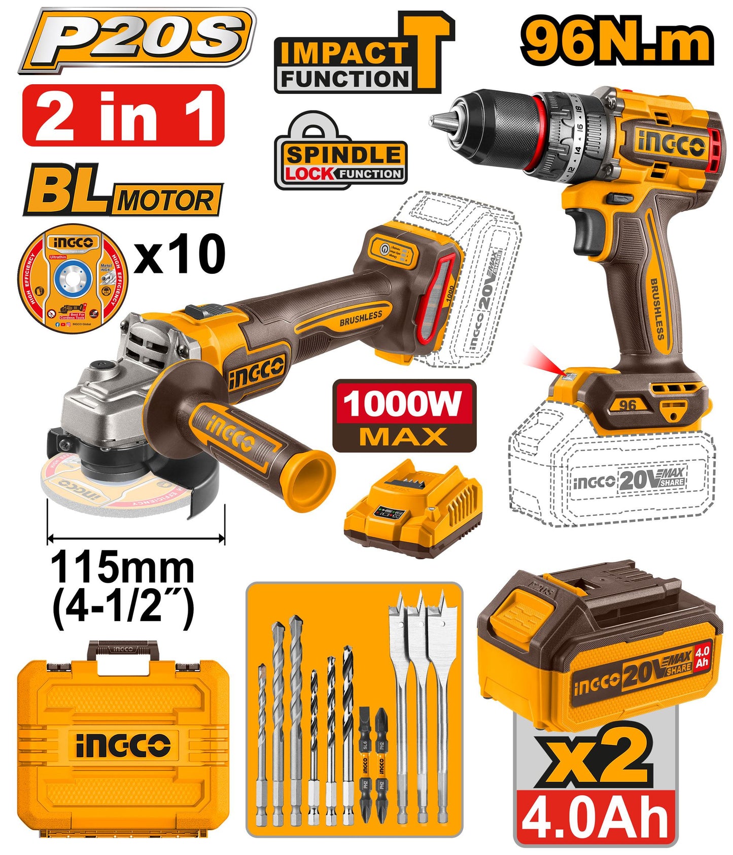 COSLI241298 - INGCO PACK 2 MACHINE MEULEUSE VISSEUSE 20V + 10 ACCESSOIRES AU MAROC [COSLI241298] — perceuse visseuse INGCO — Maroc —