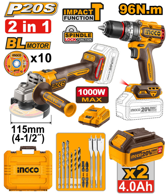 COSLI241298 - INGCO PACK 2 MACHINE MEULEUSE VISSEUSE 20V + 10 ACCESSOIRES AU MAROC [COSLI241298] — perceuse visseuse INGCO — Maroc —