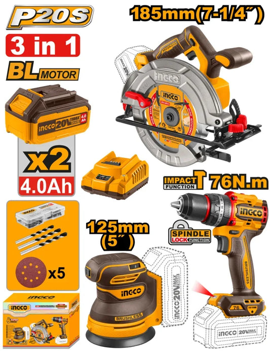 COSLI250181 - INGCO PACK DE 3 MACHINES VISSEUSE 76NM+SCIE CIRCULAIRE +PONCEUSE 125MM INGCO AU MAROC [COSLI250181] — perceuse visseuse INGCO — Maroc —