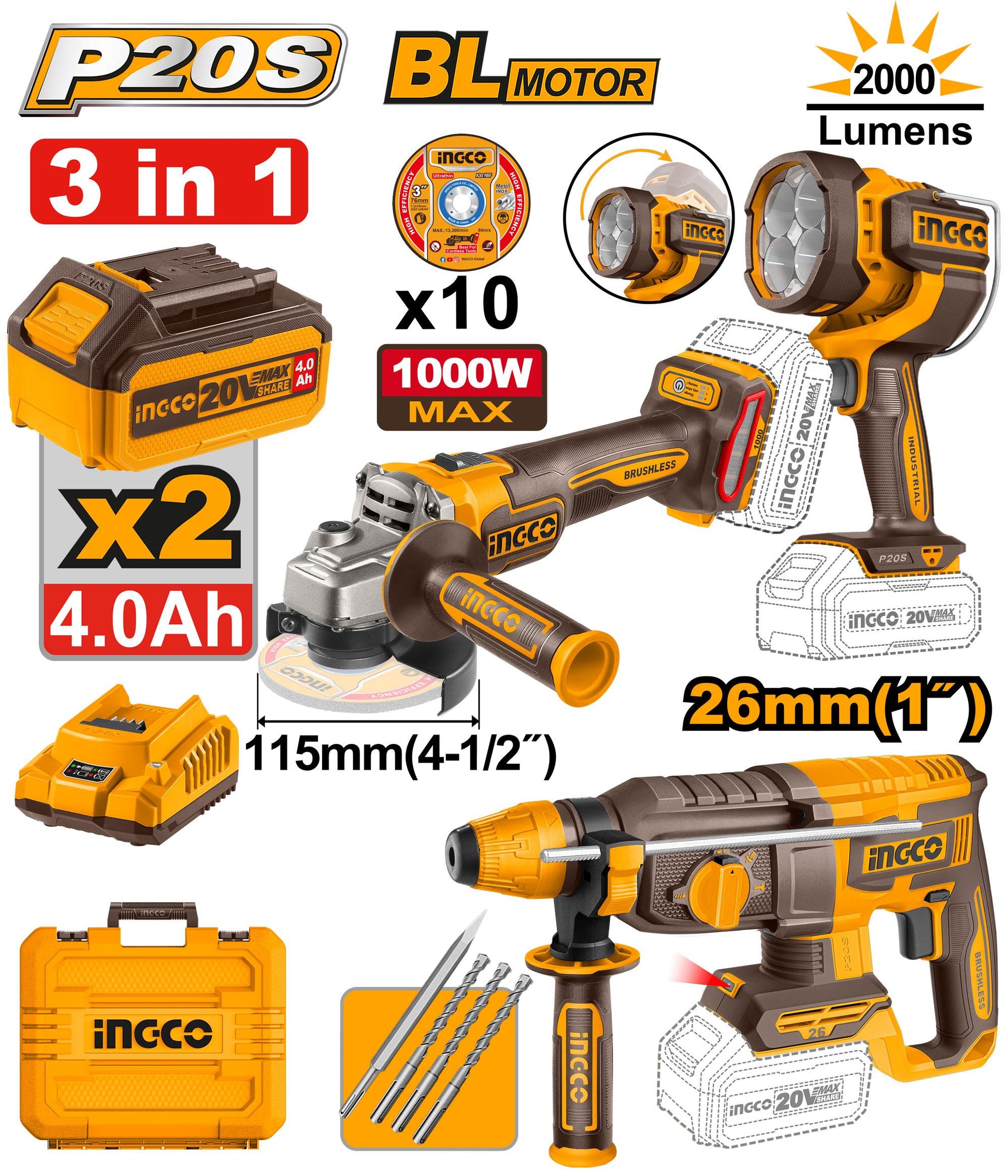 COSLI250183 - INGCO KIT COMBINÉ SANS FIL 3 PIÈCES AU MAROC [COSLI250183] — outil INGCO — Maroc —