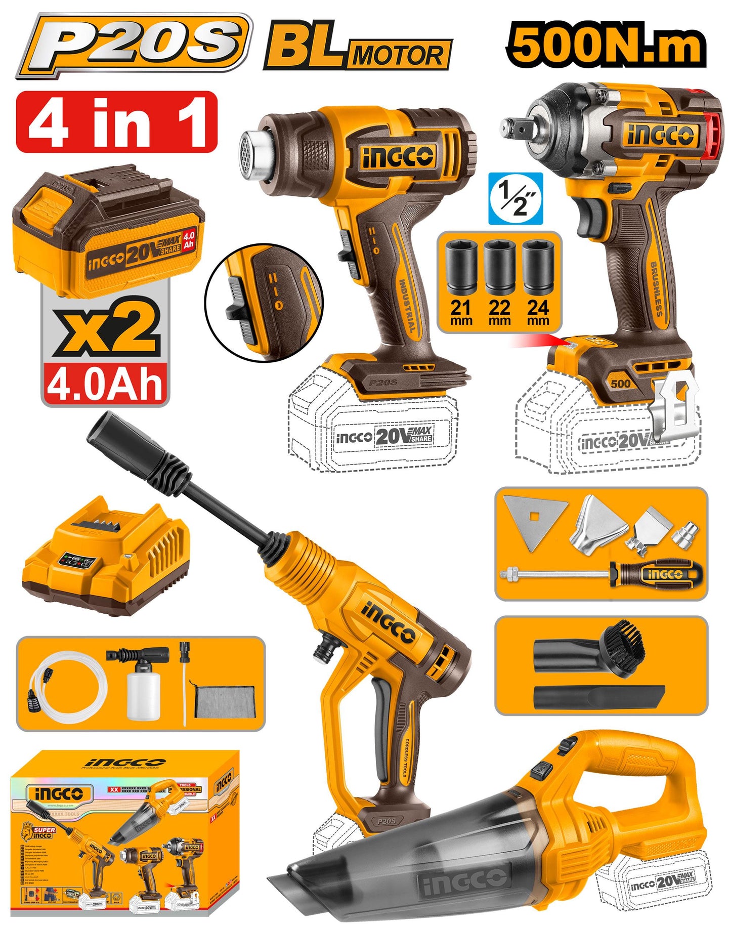 COSLI250208 - INGCO PACK 4 MACHINES DECAPEUR+BOULONNEUSE1/2+NETTOYEUR+ASPIRATEUR A BATTERIE INGCO AU MAROC [COSLI250208] — batterie INGCO — Maroc —