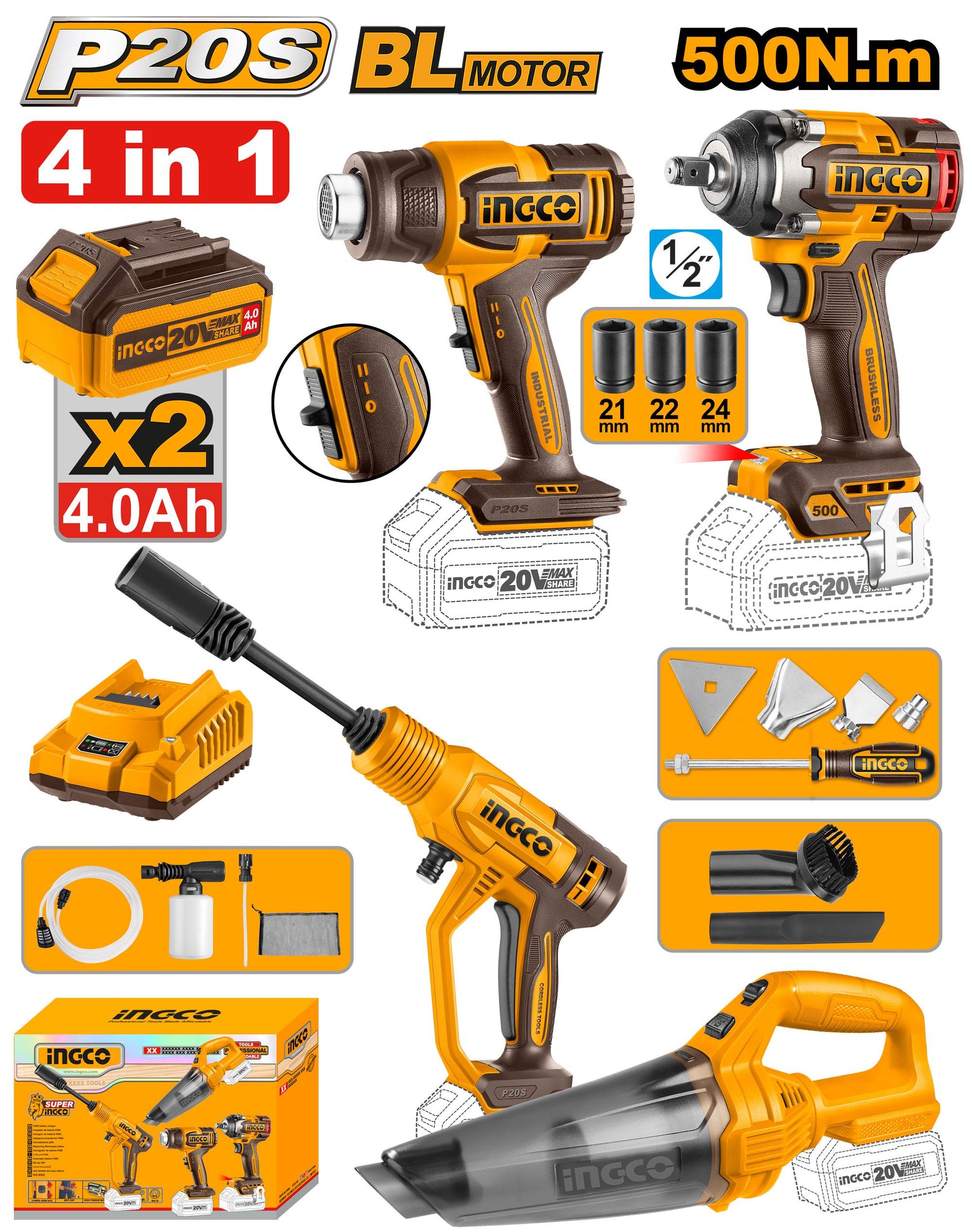 COSLI250208 - INGCO PACK 4 MACHINES DECAPEUR+BOULONNEUSE1/2+NETTOYEUR+ASPIRATEUR A BATTERIE INGCO AU MAROC [COSLI250208] — batterie INGCO — Maroc —