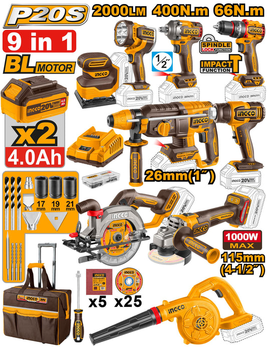 COSLI250381 - INGCO 9 PCS KIT COMBO INDUSTRIEL SANS FIL AU MAROC [COSLI250381] — outil INGCO — Maroc —