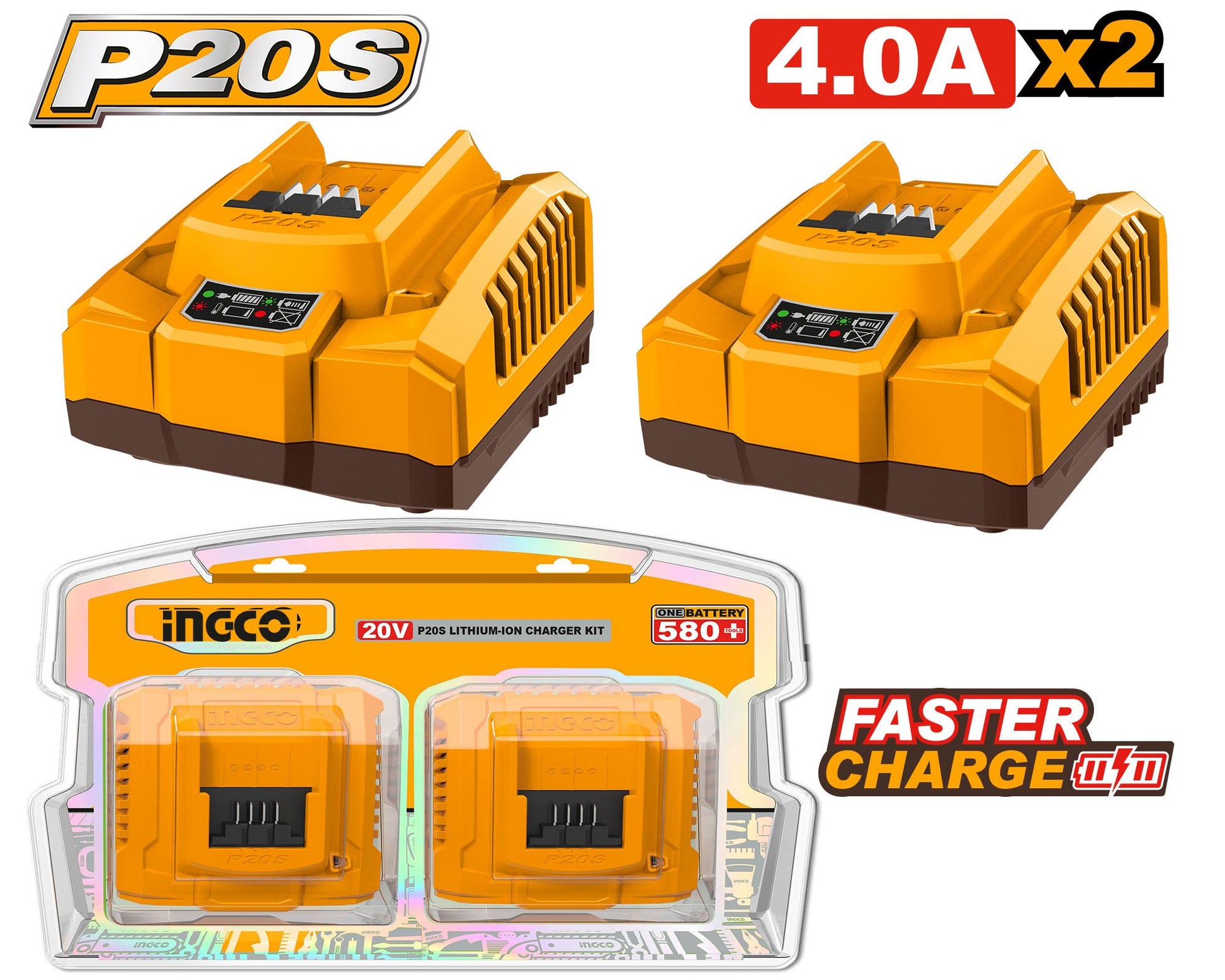 COSLI250388 - INGCO PACK DE 2 CHARGEUR 4.0AH INGCO AU MAROC [COSLI250388] — batterie INGCO — Maroc —