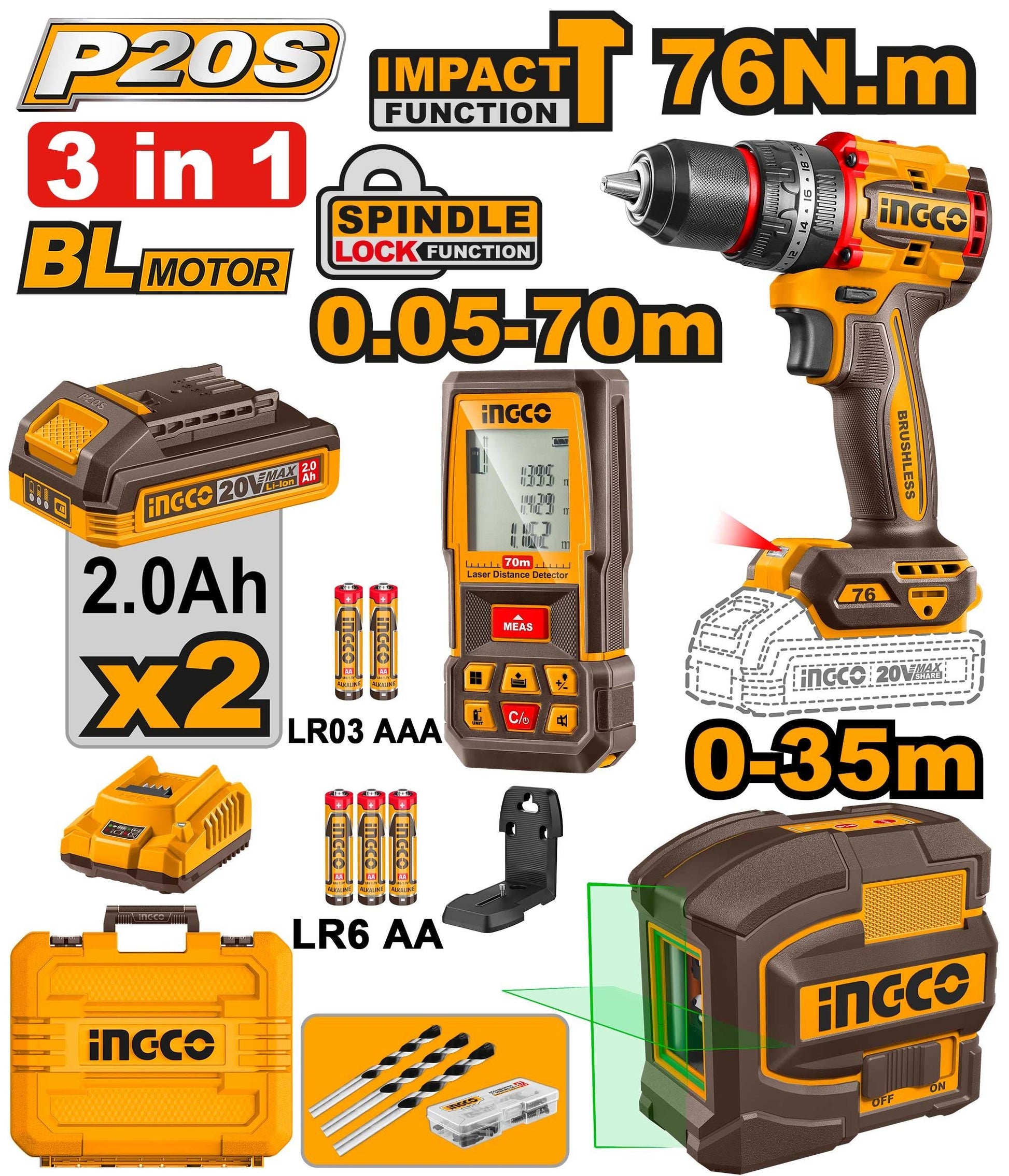 COSLI250511 - INGCO PACK VISSEUSE 76NM + TELEMETRE LASER 70M + NIVEAU LASER 2L AU MAROC [COSLI250511] — perceuse visseuse INGCO — Maroc —