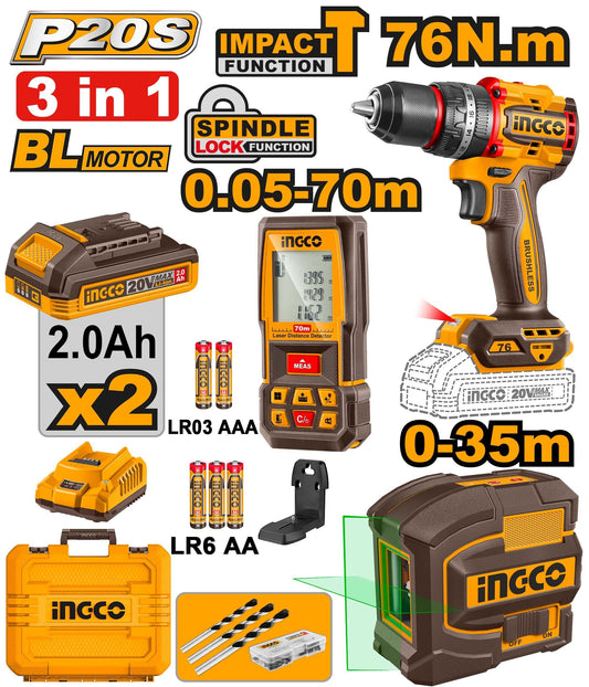 COSLI250511 - INGCO PACK VISSEUSE 76NM + TELEMETRE LASER 70M + NIVEAU LASER 2L AU MAROC [COSLI250511] — perceuse visseuse INGCO — Maroc —