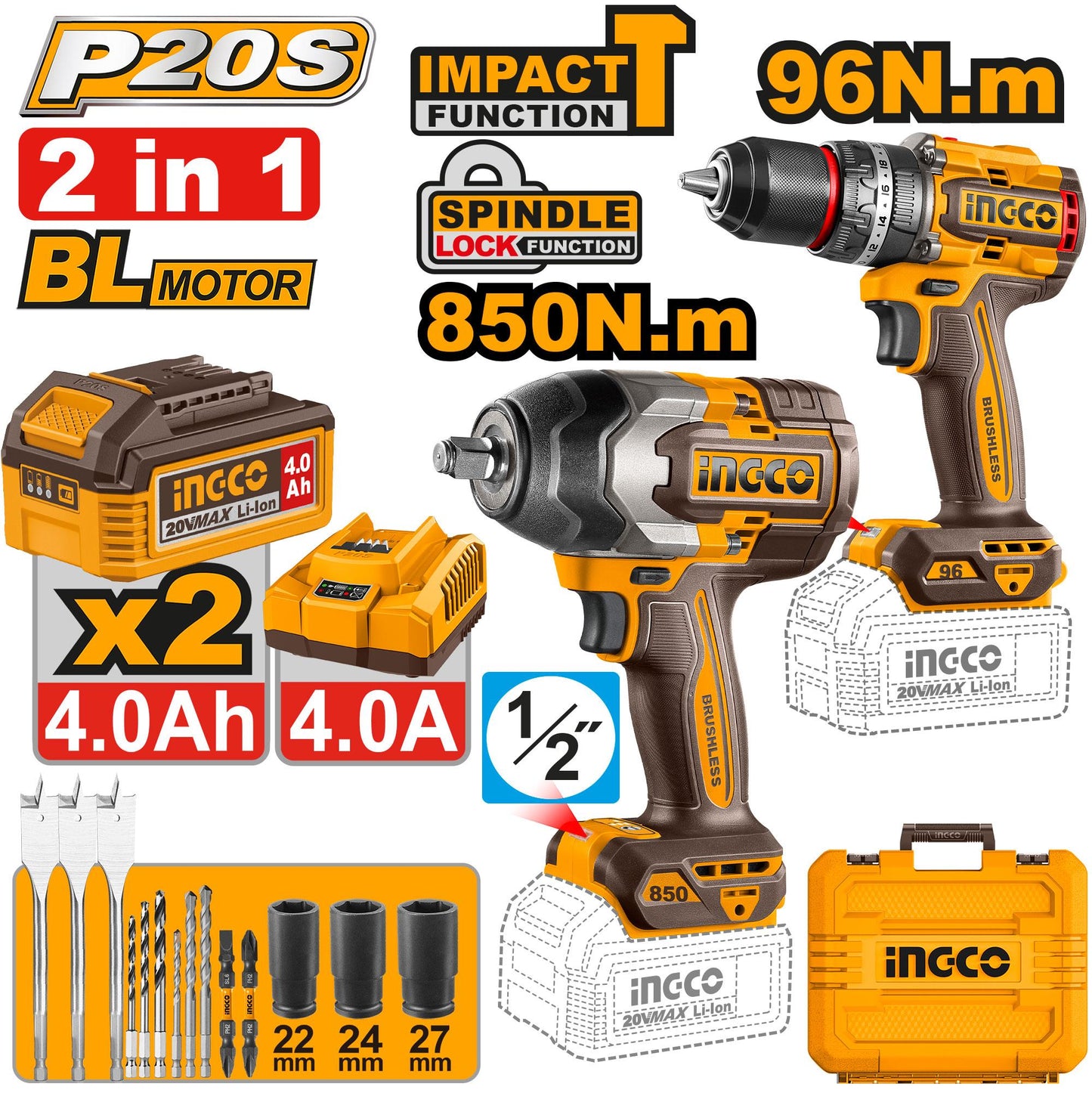 COSLI250586 - INGCO PACK VISSEUSE 96N.m +BOULONNEUSE 850N.m 20V 4.0Ah /2BAT AU MAROC [COSLI250586] — perceuse visseuse INGCO — Maroc —
