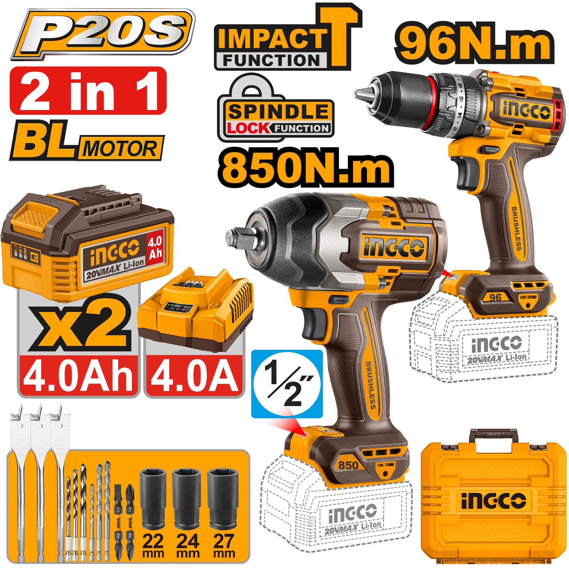 COSLI250586 - INGCO PACK VISSEUSE 96N.m +BOULONNEUSE 850N.m 20V 4.0Ah /2BAT AU MAROC [COSLI250586] — perceuse visseuse INGCO — Maroc —