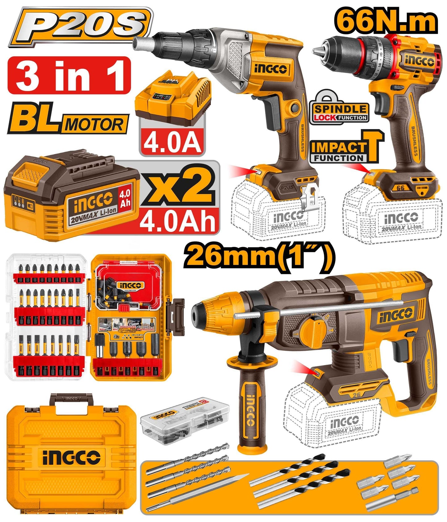 COSLI250591 - INGCO PACK DE 3MACHINES VISSEUSE 66NM +VISSEUSE POUR CLOISONS +MARTEAU 26MM +2BATTERIES 4AH INGCO AU MAROC [COSLI250591] — perceuse visseuse INGCO — Maroc —