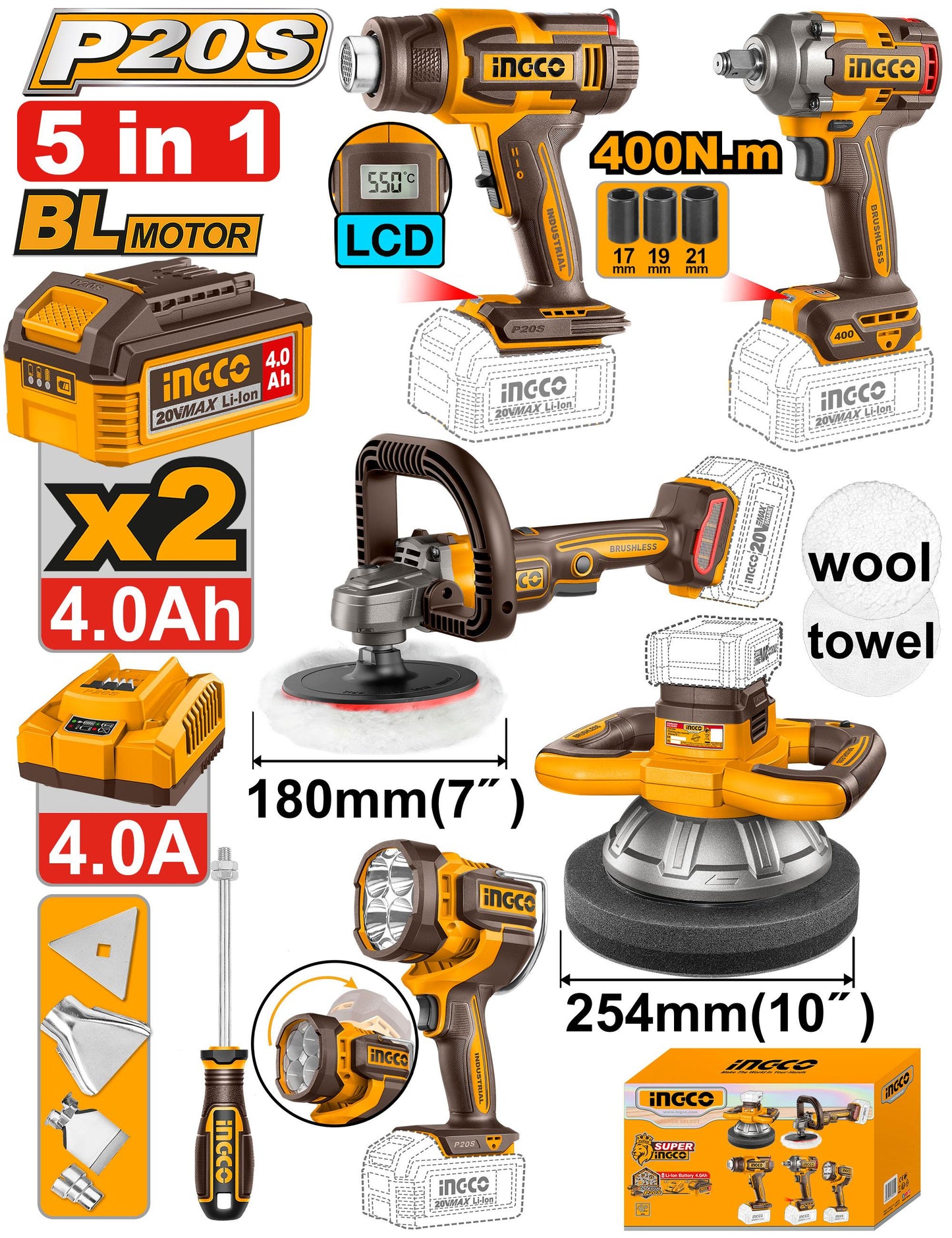 COSLI250592 - INGCO PACK COMBO POLISSAGE 180MM/254MM + DECAPEUR + BOULONNEUSE 20V AU MAROC [COSLI250592] — outil INGCO — Maroc —
